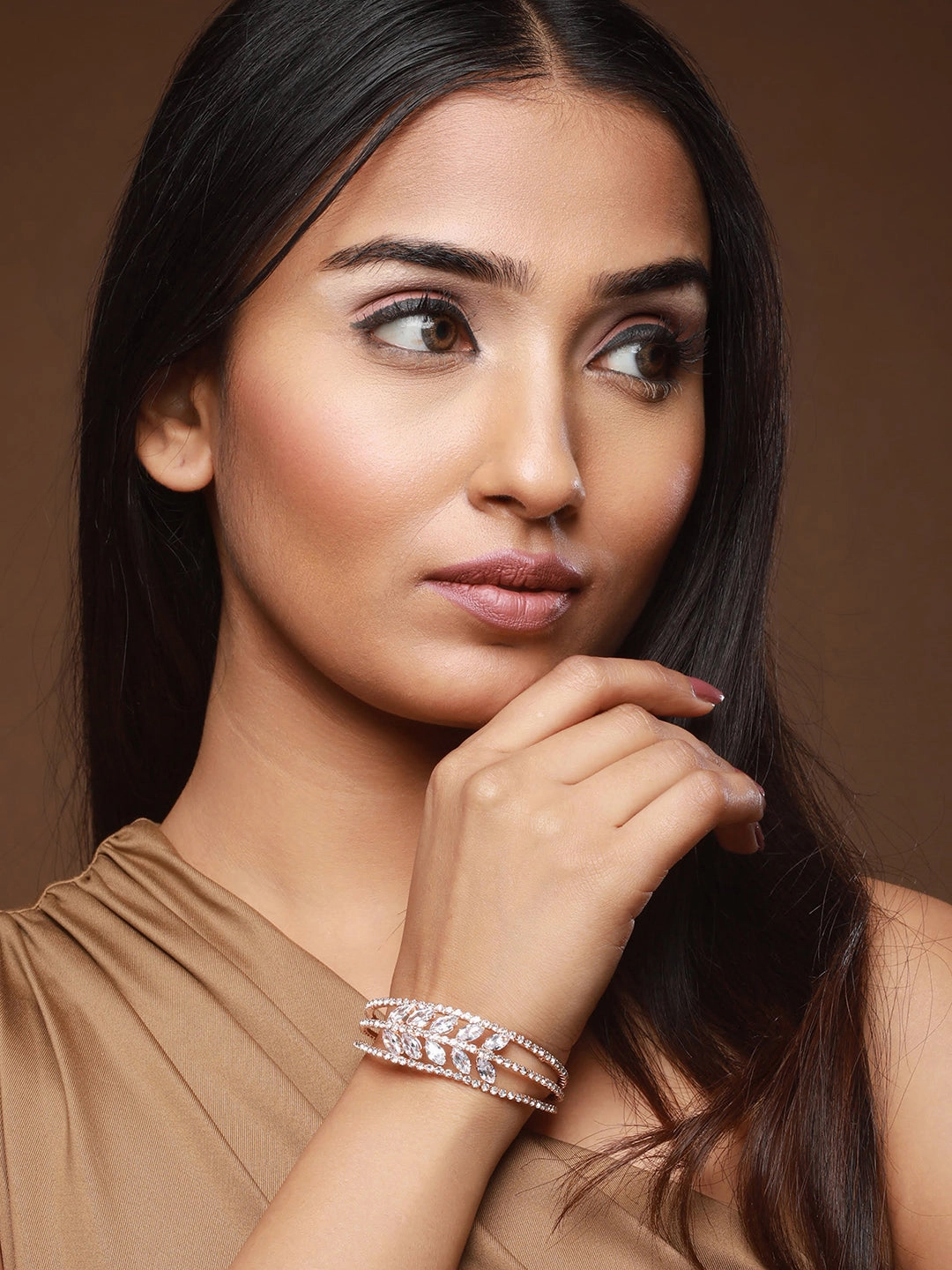 Set Of 2 Rose Gold-Plated White Crystal Studded Bangle Style Cuff Bracelet