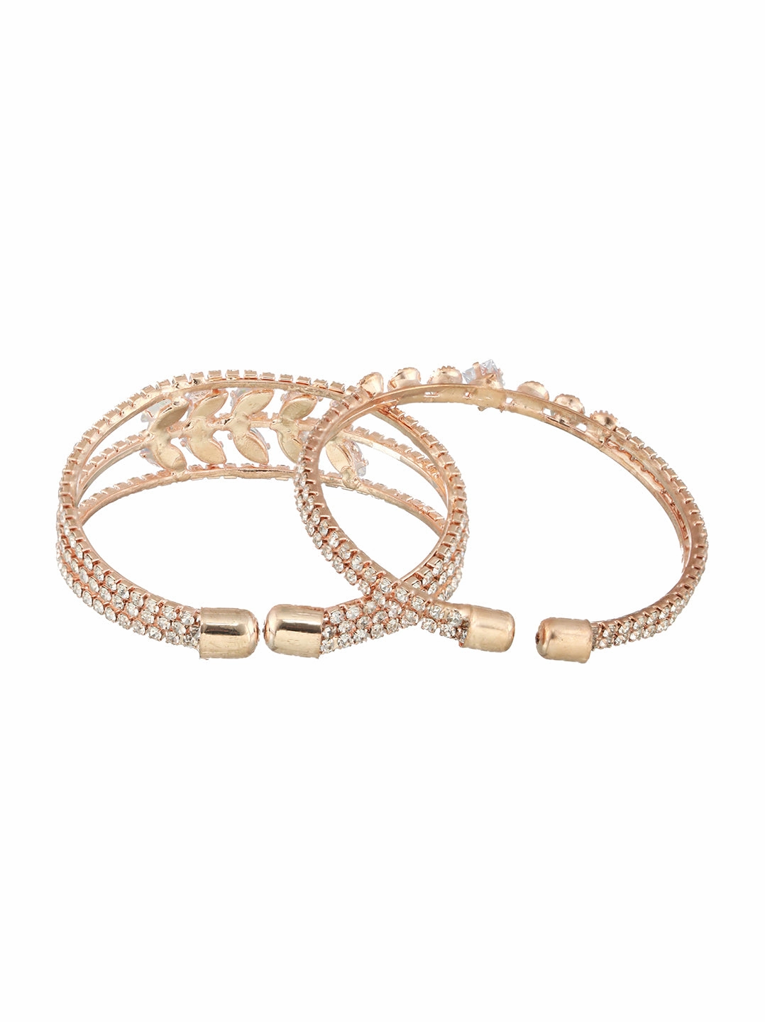 Set Of 2 Rose Gold-Plated White Crystal Studded Bangle Style Cuff Bracelet