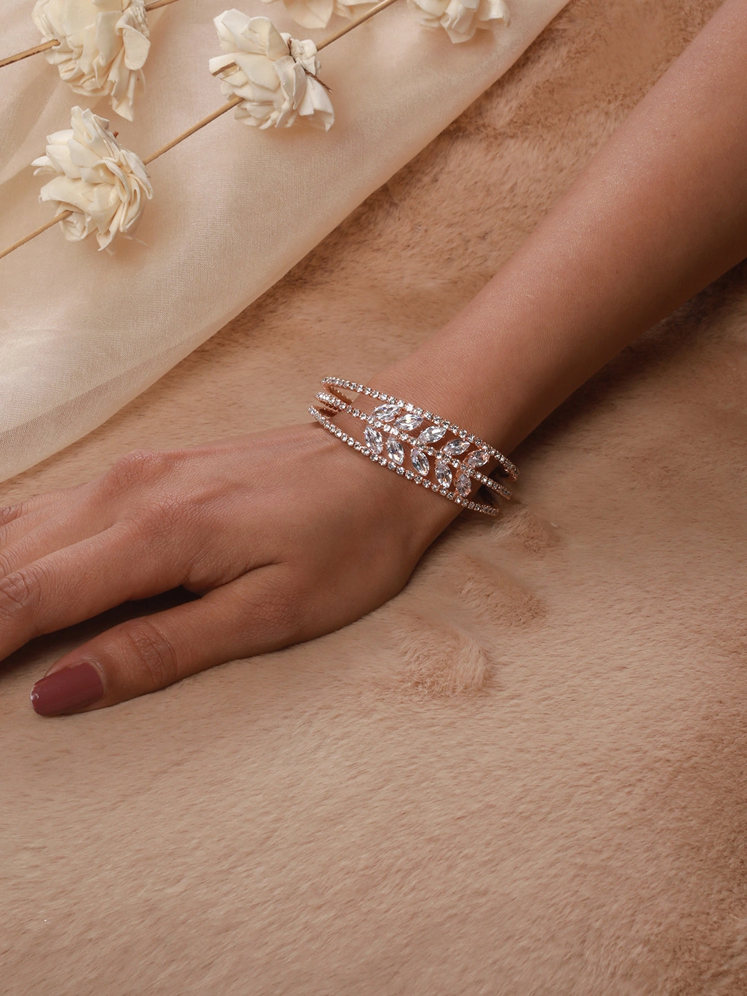 Set Of 2 Rose Gold-Plated White Crystal Studded Bangle Style Cuff Bracelet