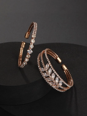 Set Of 2 Rose Gold-Plated White Crystal Studded Bangle Style Cuff Bracelet