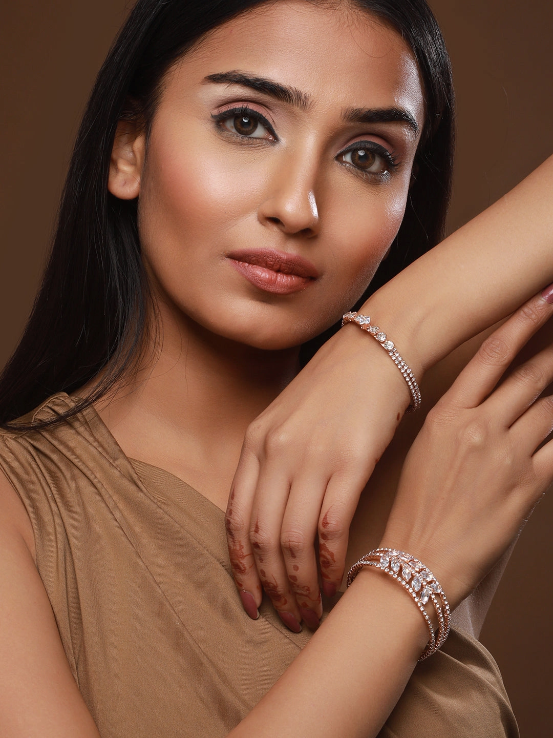 Set Of 2 Rose Gold-Plated White Crystal Studded Bangle Style Cuff Bracelet