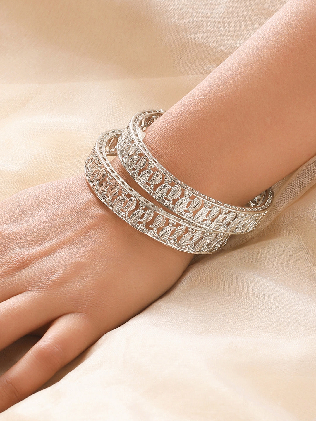 Set Of 2 Silver-Plated Leaf Shaped Bangles