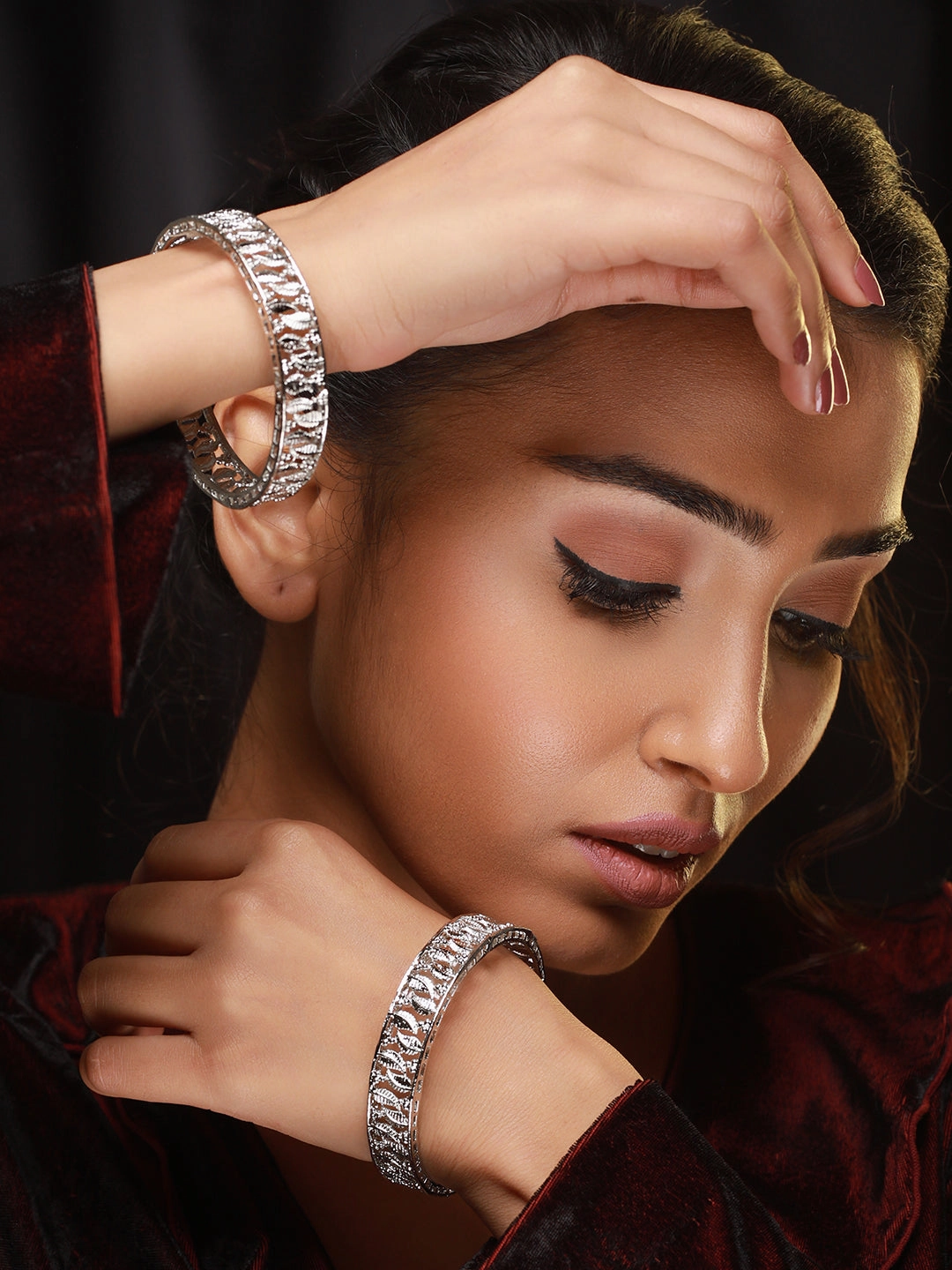 Set Of 2 Silver-Plated Leaf Shaped Bangles