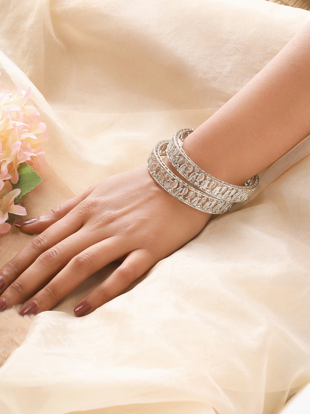 Set Of 2 Silver-Plated Leaf Shaped Bangles
