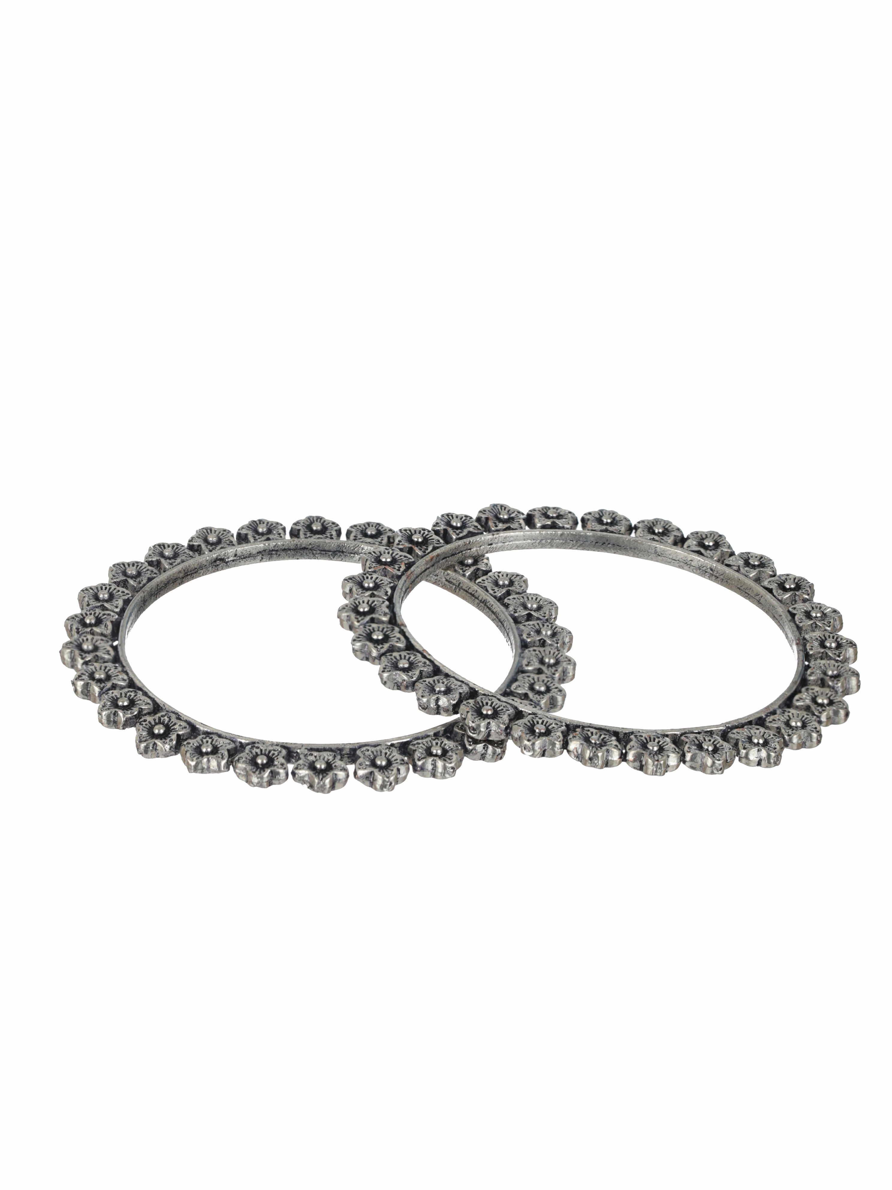 Set Of 2 Silver Toned & Silver Plated Handcrafted Oxidised Bangles