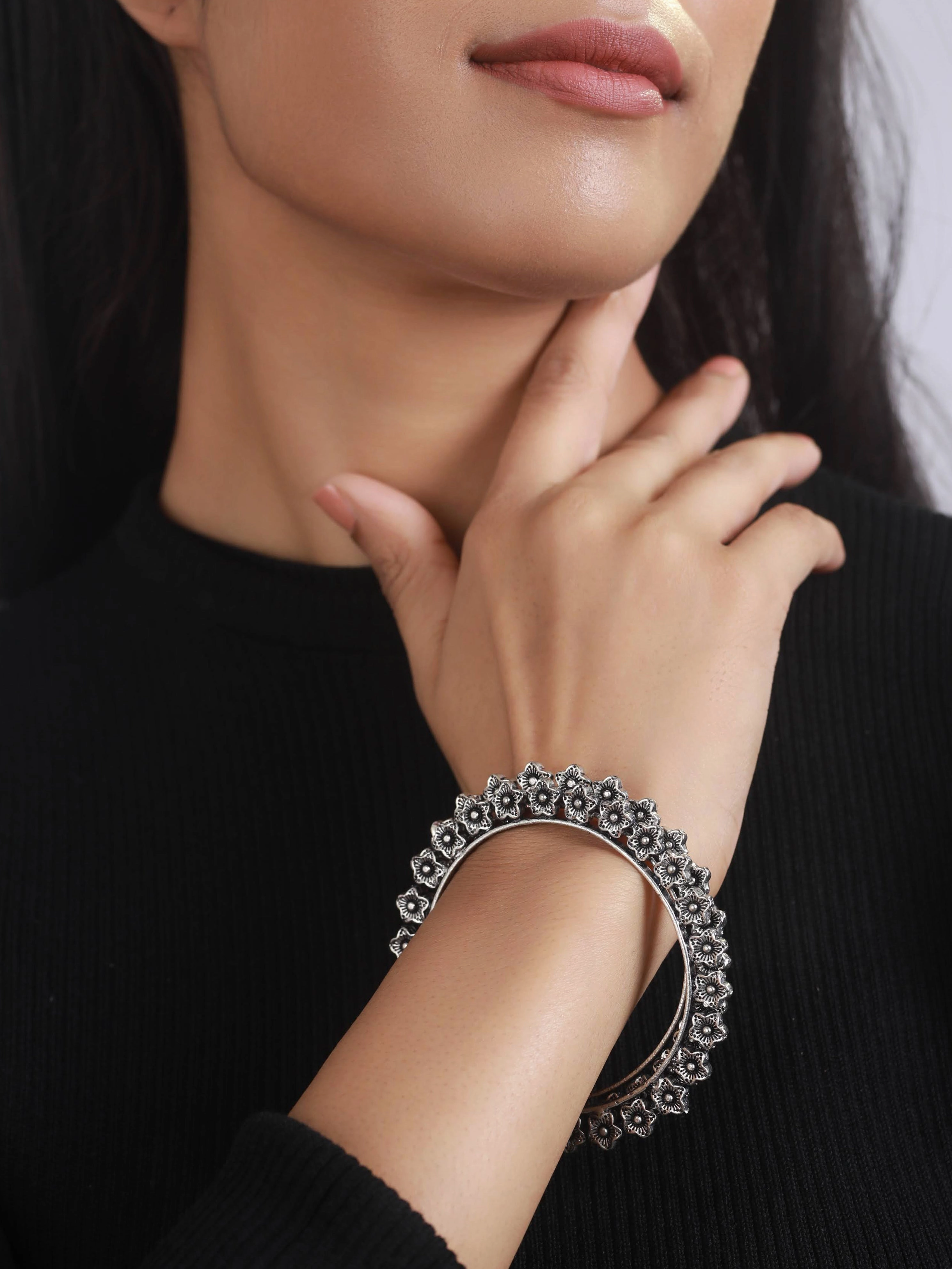 Set Of 2 Silver Toned & Silver Plated Handcrafted Oxidised Bangles