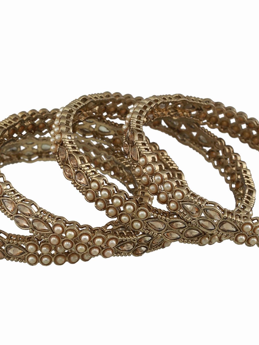 Set Of 4 Gold-Plated Pearl & White Kundan Studded Bangles