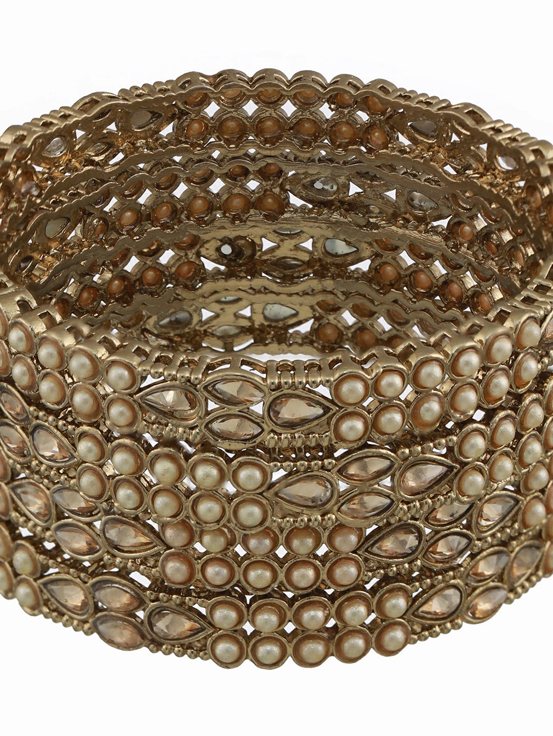 Set Of 4 Gold-Plated Pearl & White Kundan Studded Bangles