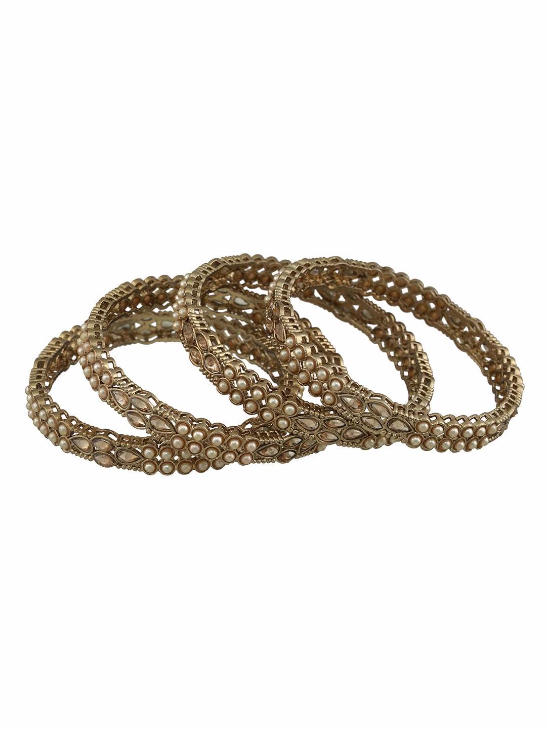 Set Of 4 Gold-Plated Pearl & White Kundan Studded Bangles