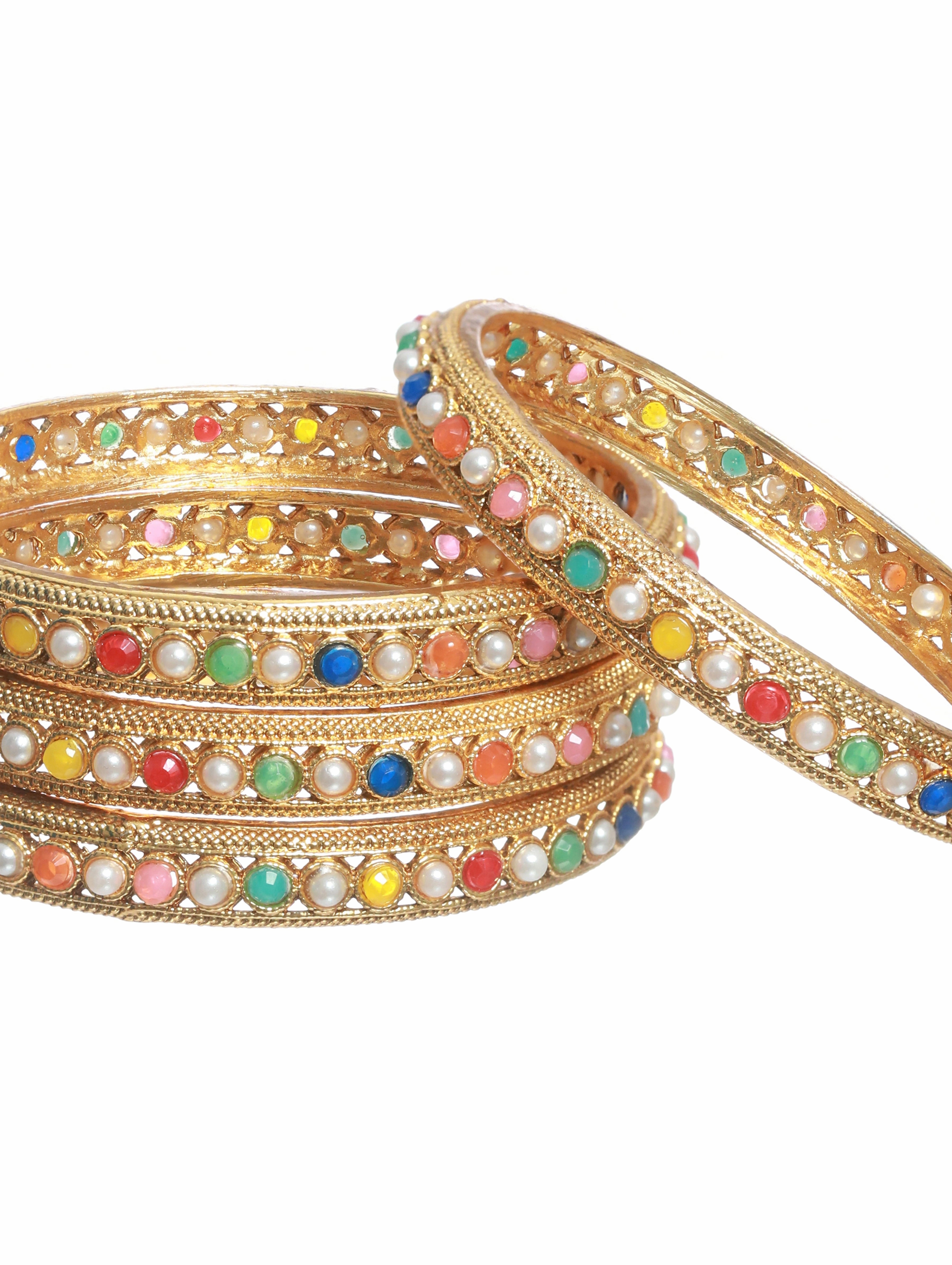 Set Of 4 Multi Colored Stones Gold Plated Bangles