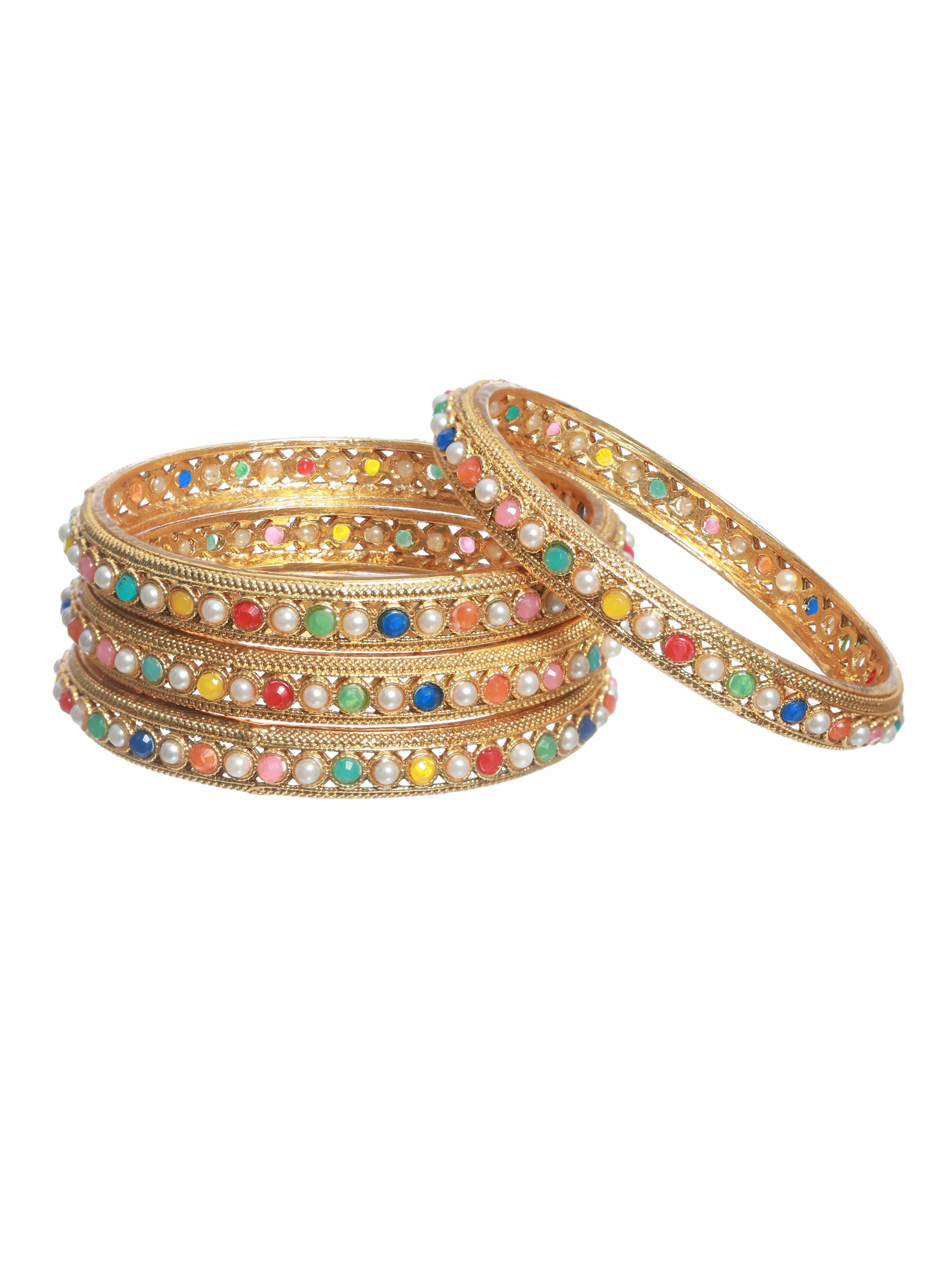 Set Of 4 Multi Colored Stones Gold Plated Bangles