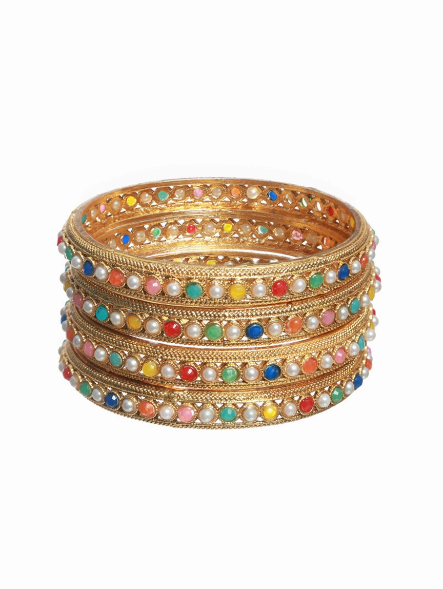Set Of 4 Multi Colored Stones Gold Plated Bangles