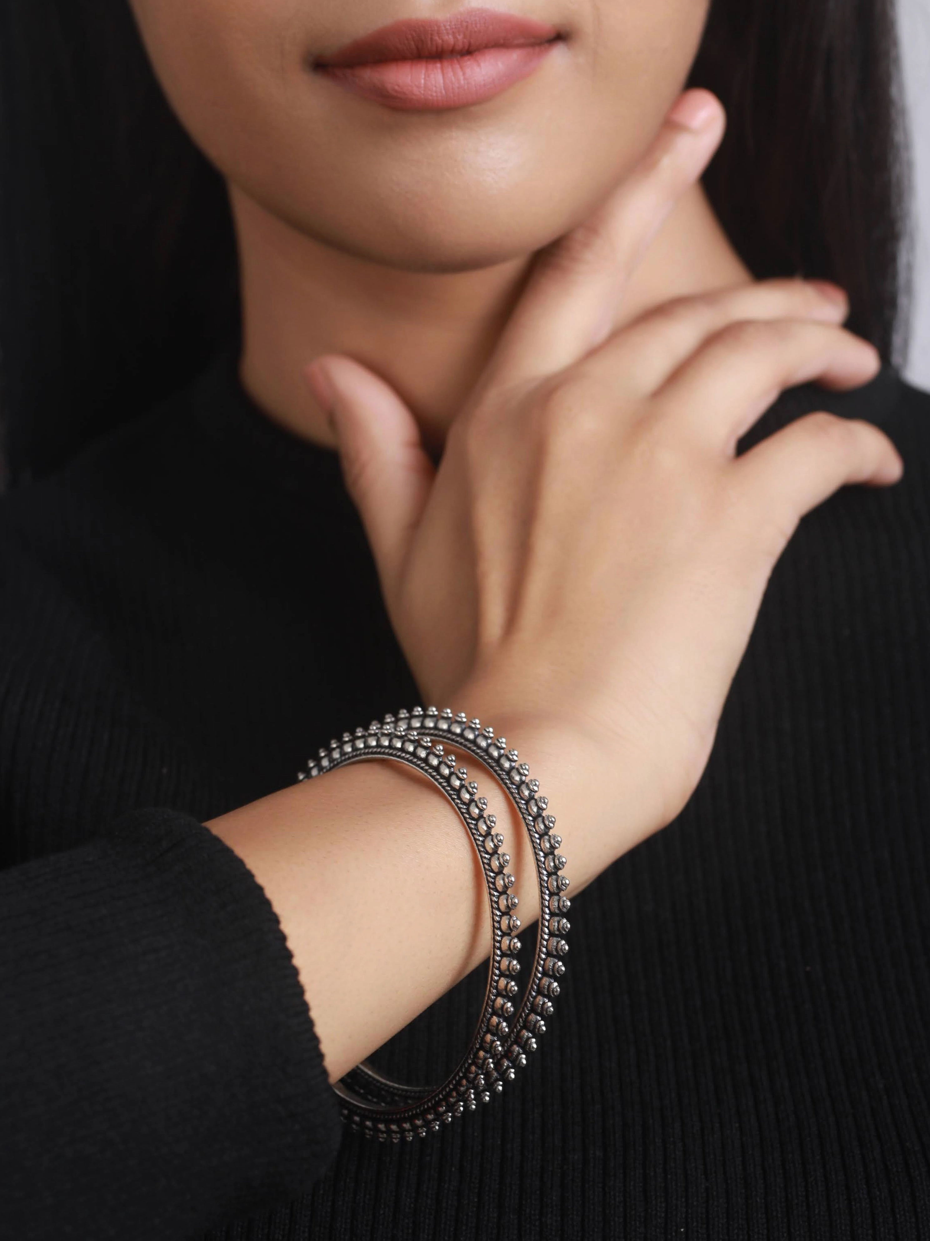 Set Of 4 Oxidised Silver-Plated Bangles