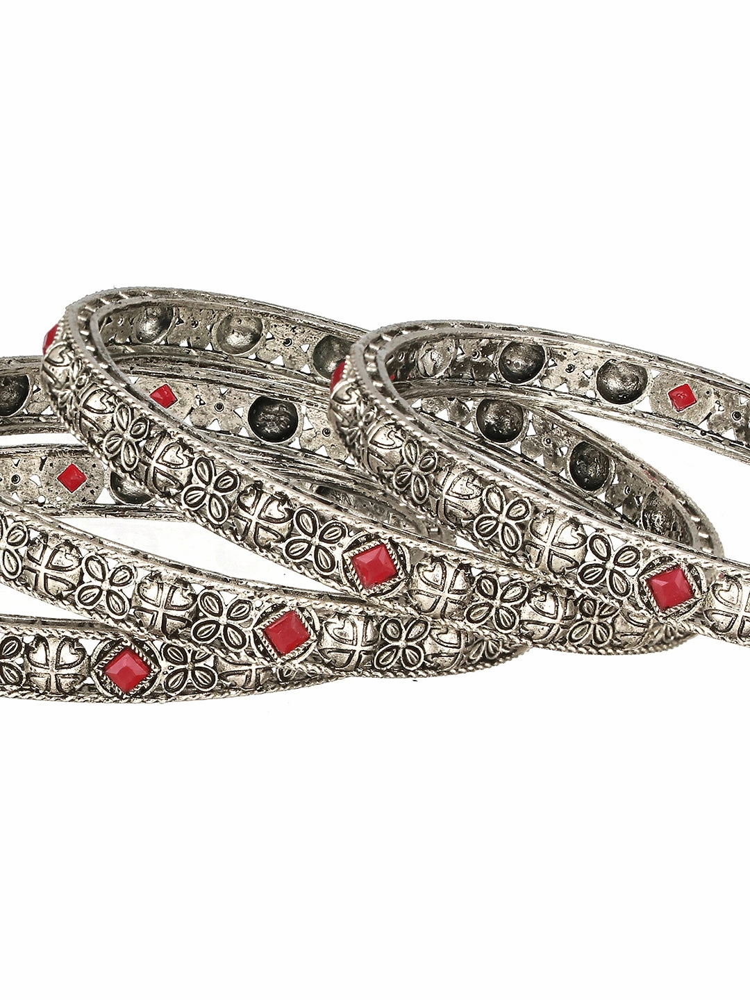 Set Of 4 Silver-Plated Red Stone Studded Handcrafted Bangles