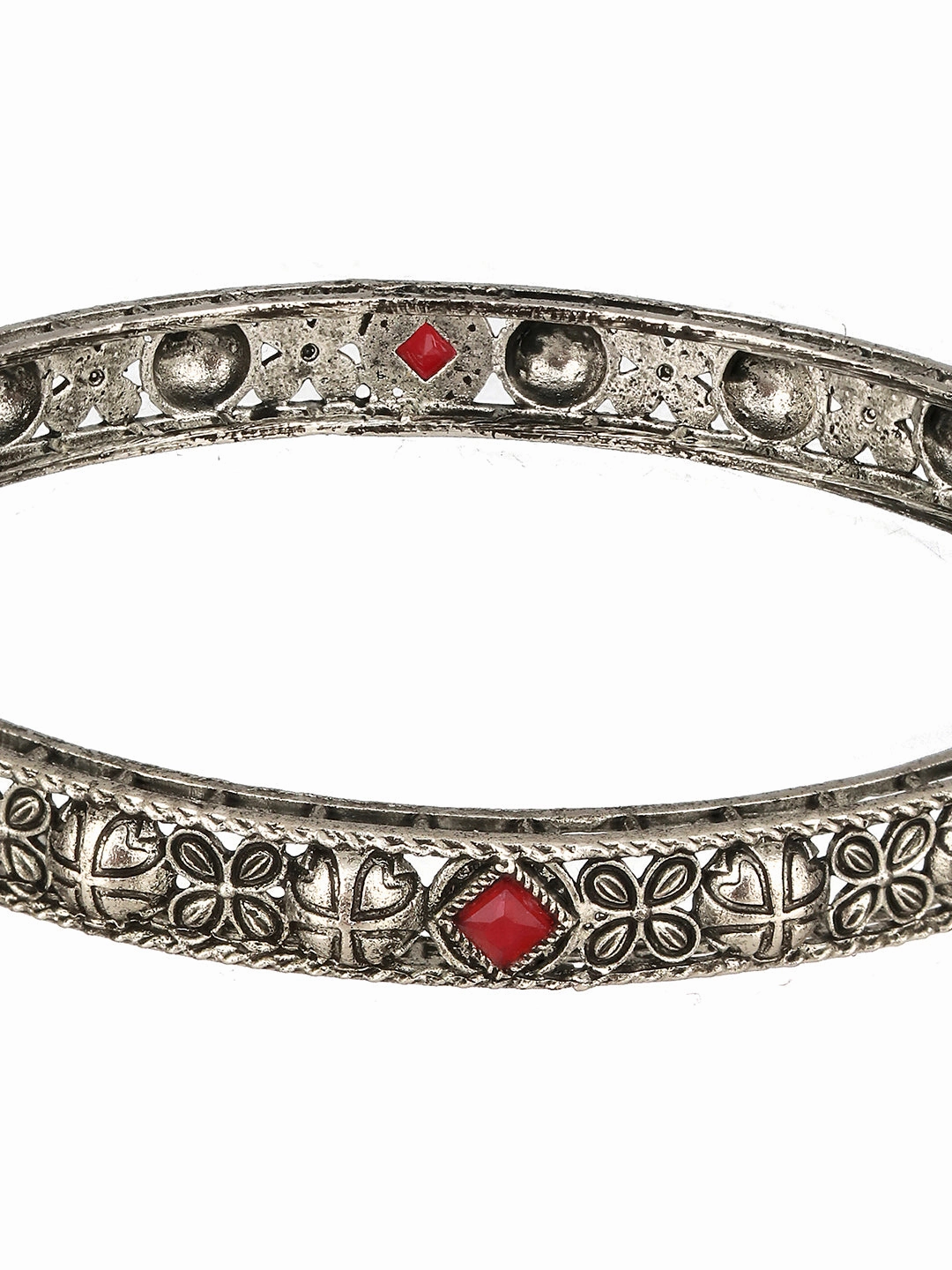 Set Of 4 Silver-Plated Red Stone Studded Handcrafted Bangles