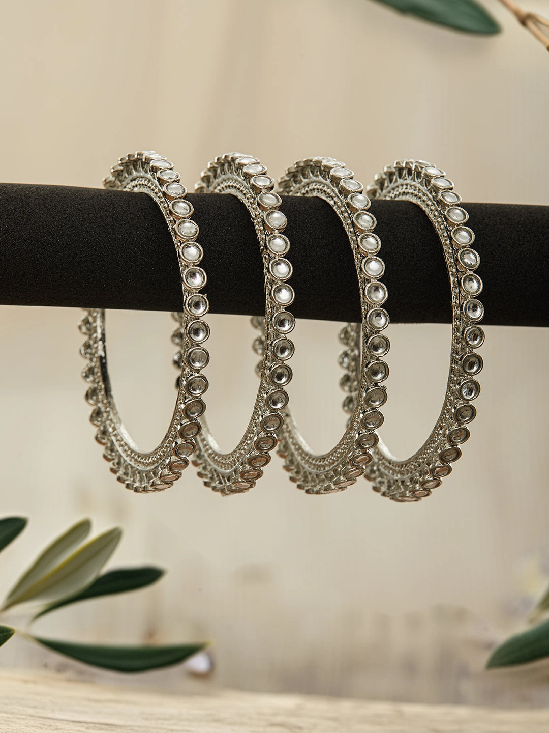 Set Of 4 Silver-Plated Stone-Studded Oxidized Bangles