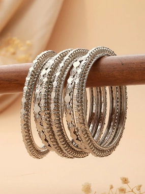 Set Of 6 Oxidised Silver-Plated Textured Bangles Set