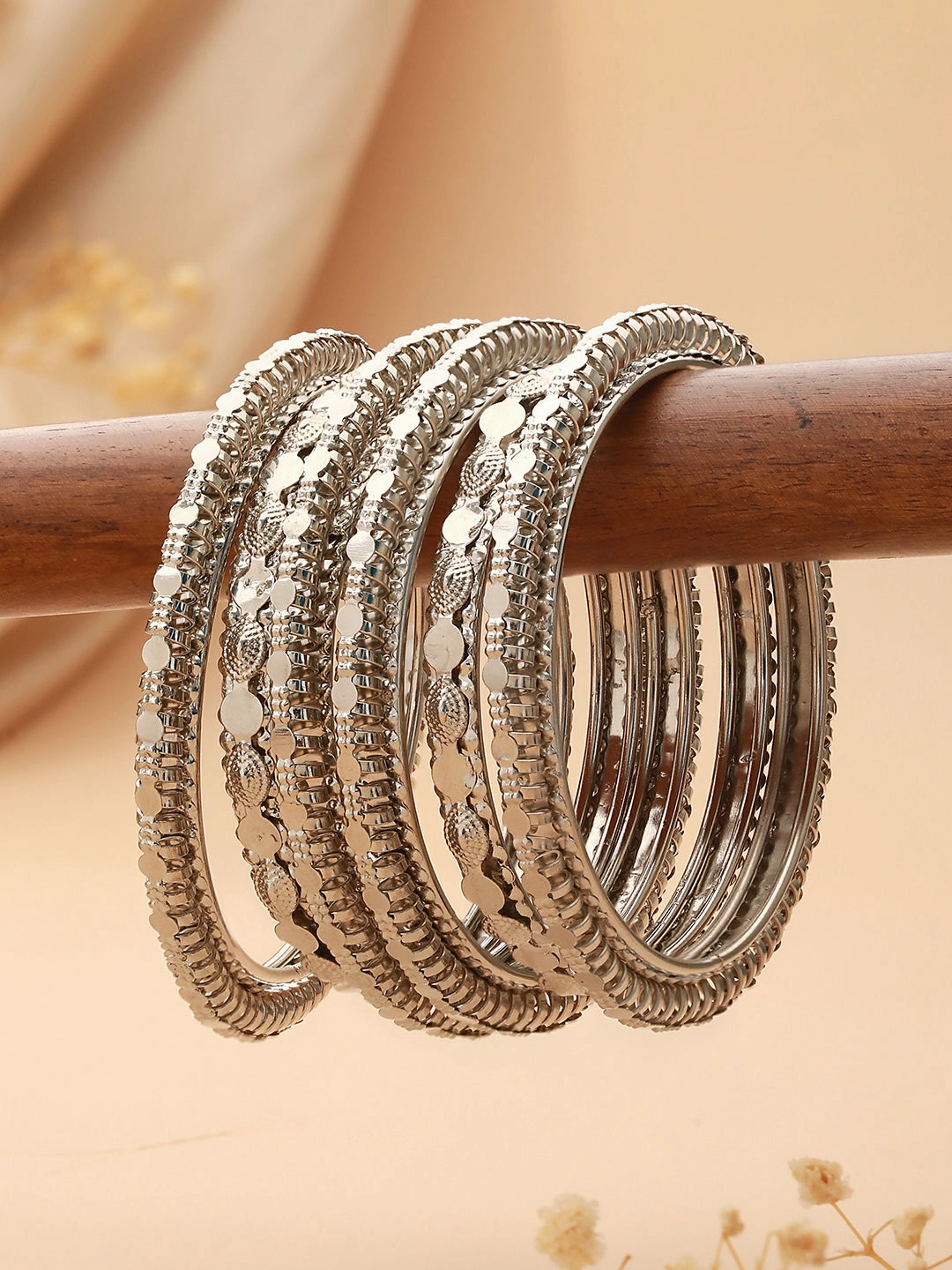 Set Of 6 Oxidised Silver-Plated Textured Bangles Set