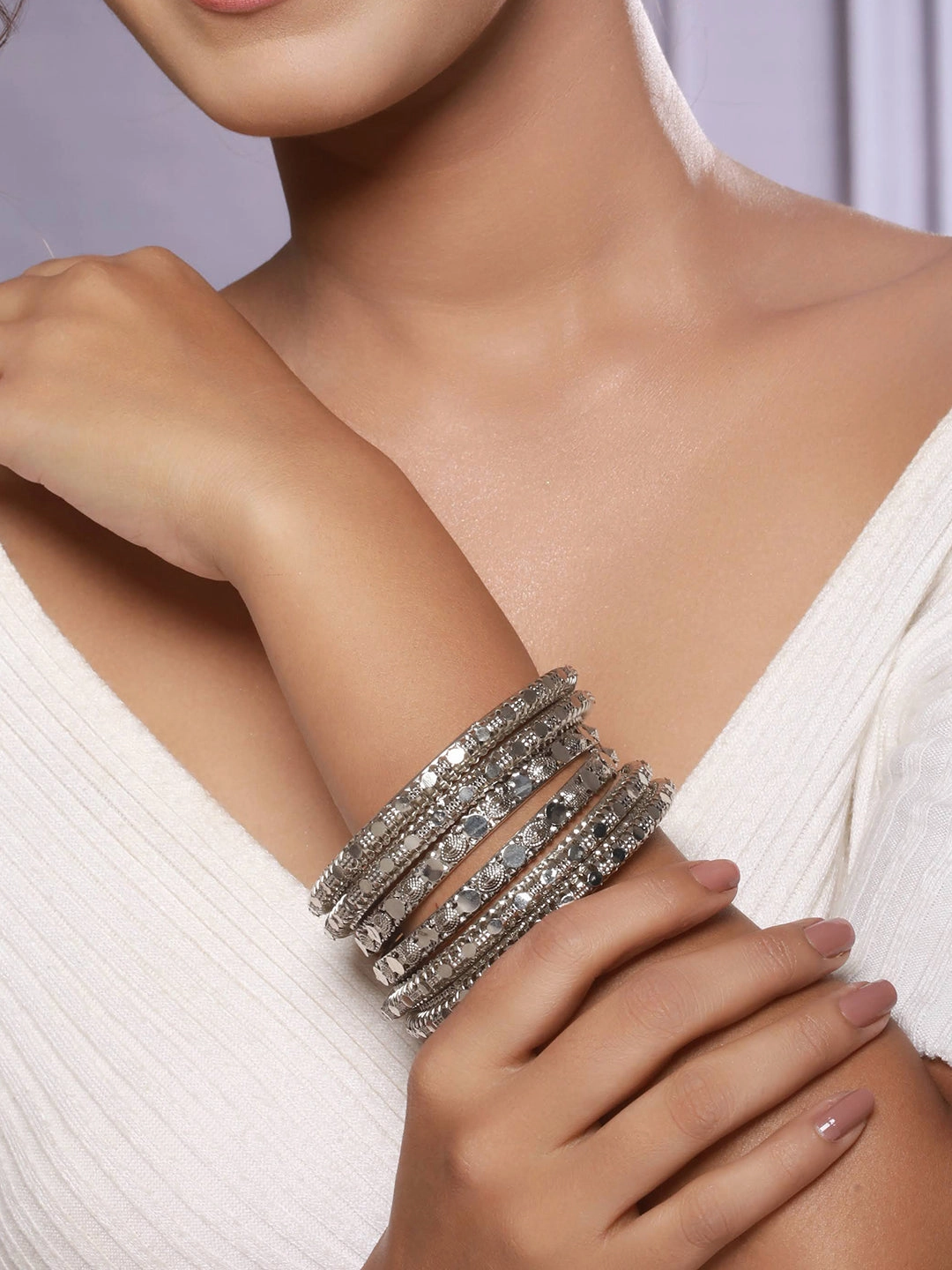 Set Of 6 Oxidised Silver-Plated Textured Bangles Set