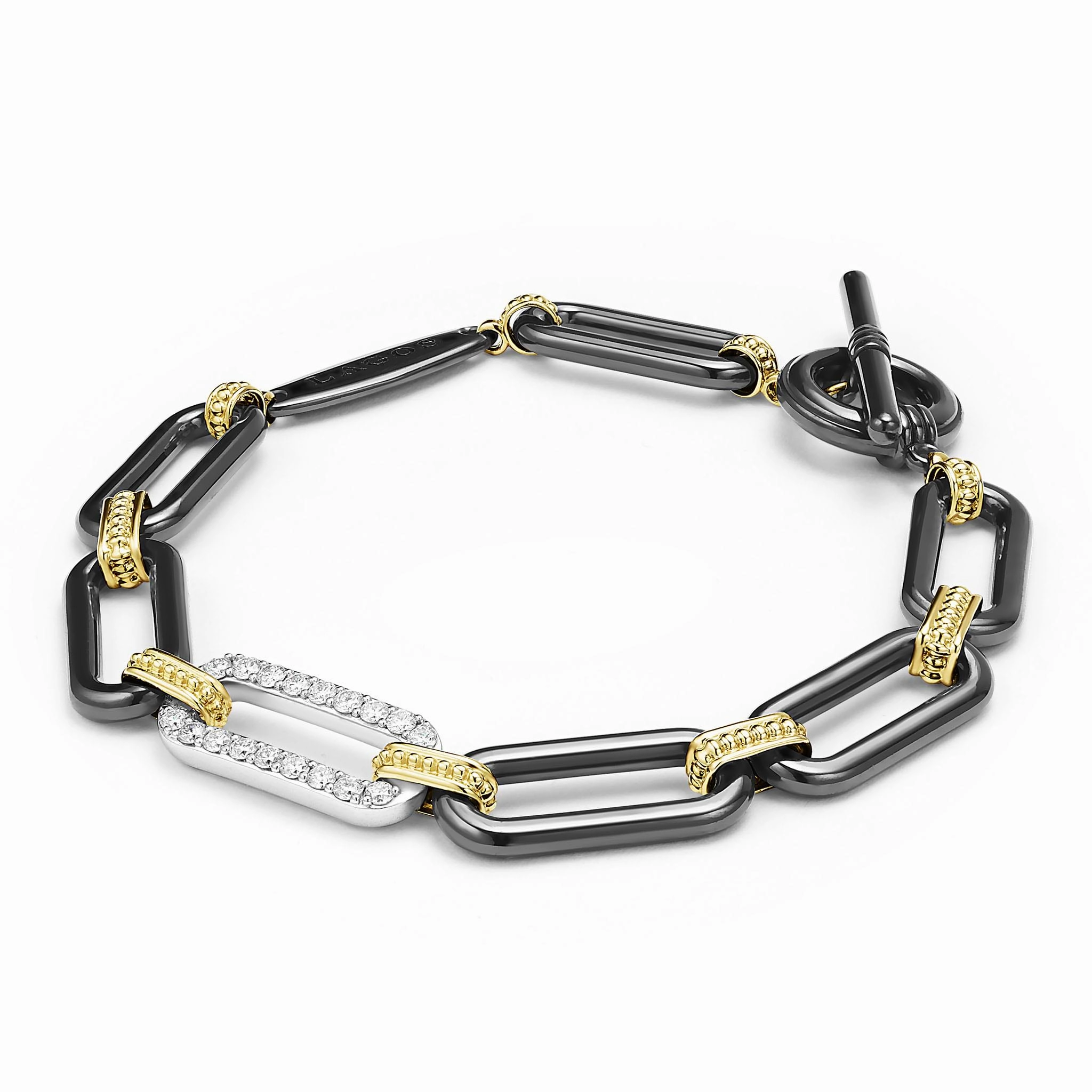 Signature Caviar 18K Gold and Black Ceramic Diamond Station Link Bracelet | 10mm