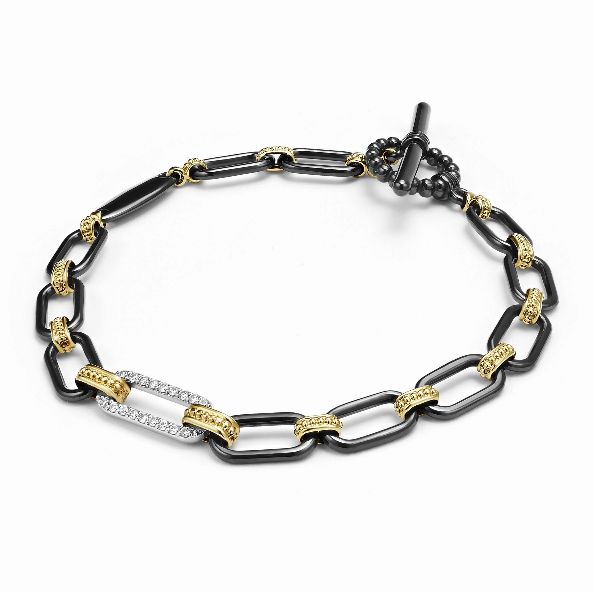 Signature Caviar 18K Gold and Black Ceramic Diamond Station Link Bracelet | 6mm