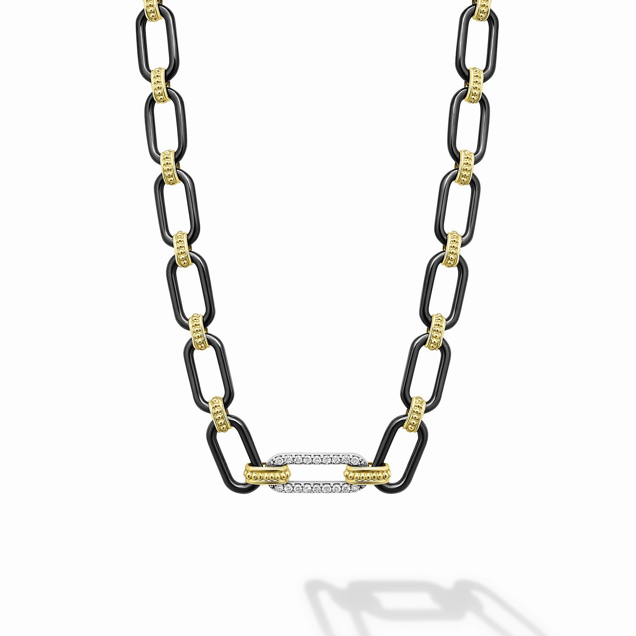 Signature Caviar 18K Gold and Black Ceramic Diamond Station Link Necklace | 6mm