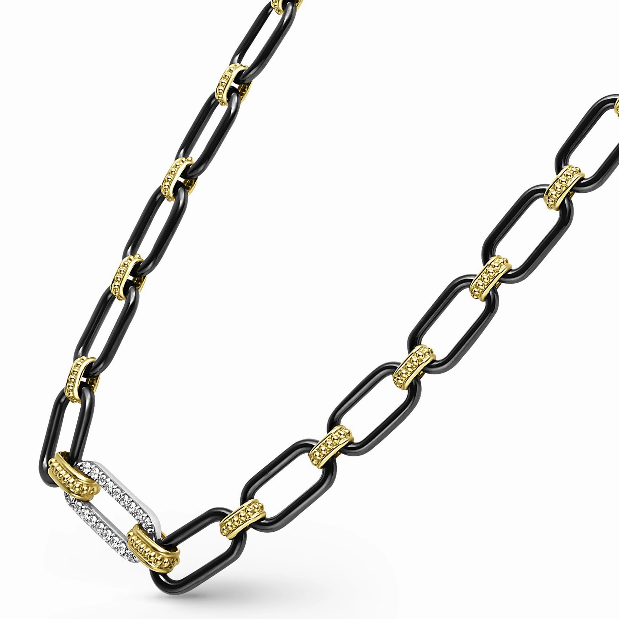 Signature Caviar 18K Gold and Black Ceramic Diamond Station Link Necklace | 6mm