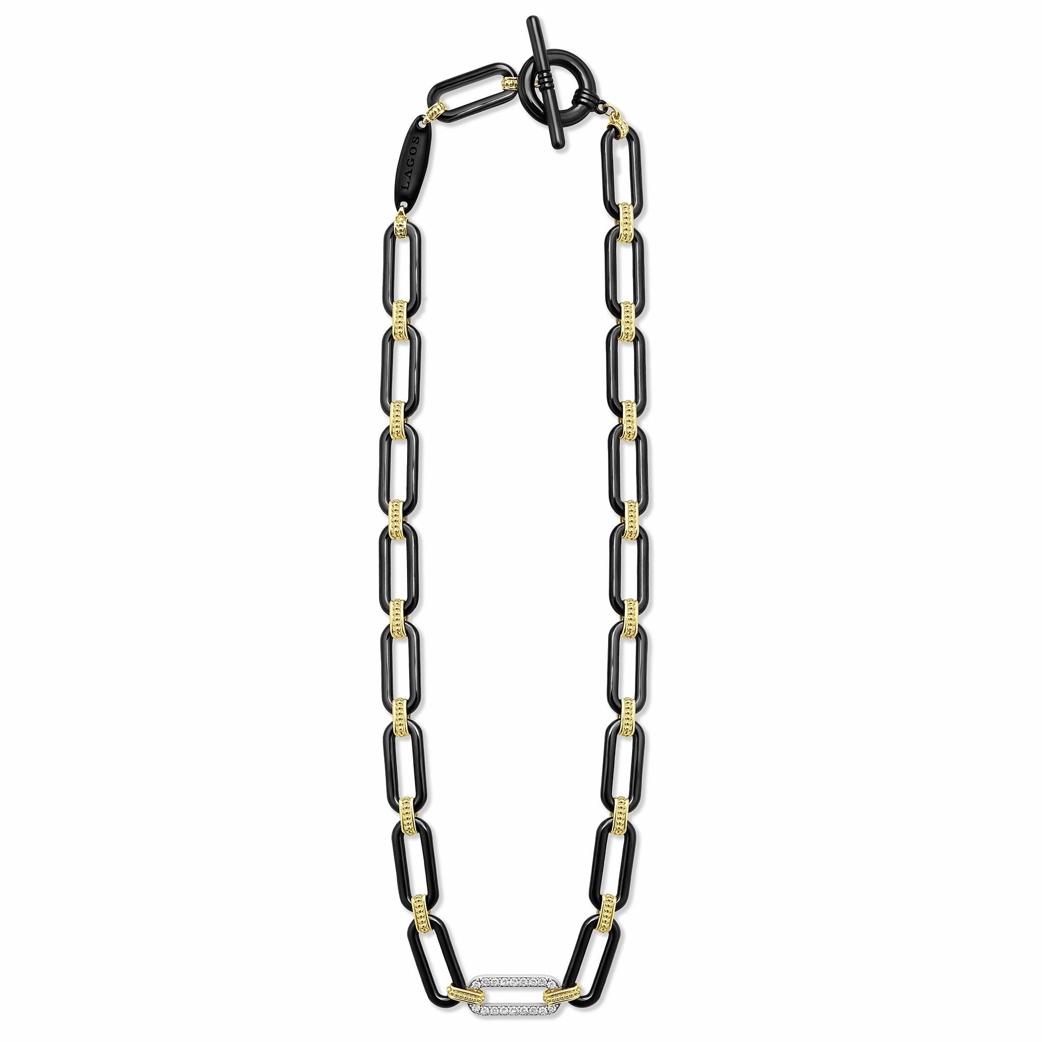 Signature Caviar 18K Gold and Black Ceramic Diamond Station Link Necklace | 9mm