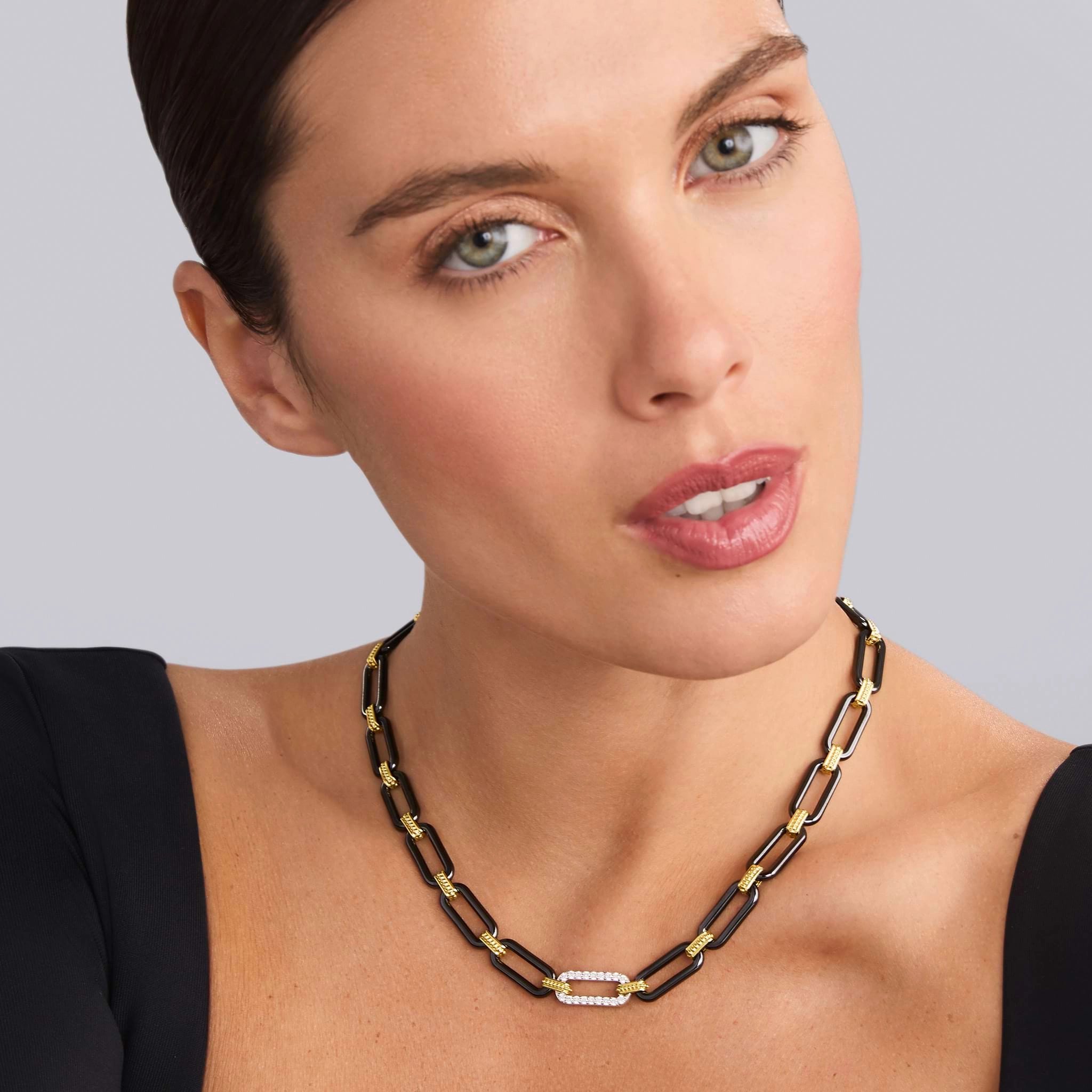 Signature Caviar 18K Gold and Black Ceramic Diamond Station Link Necklace | 9mm