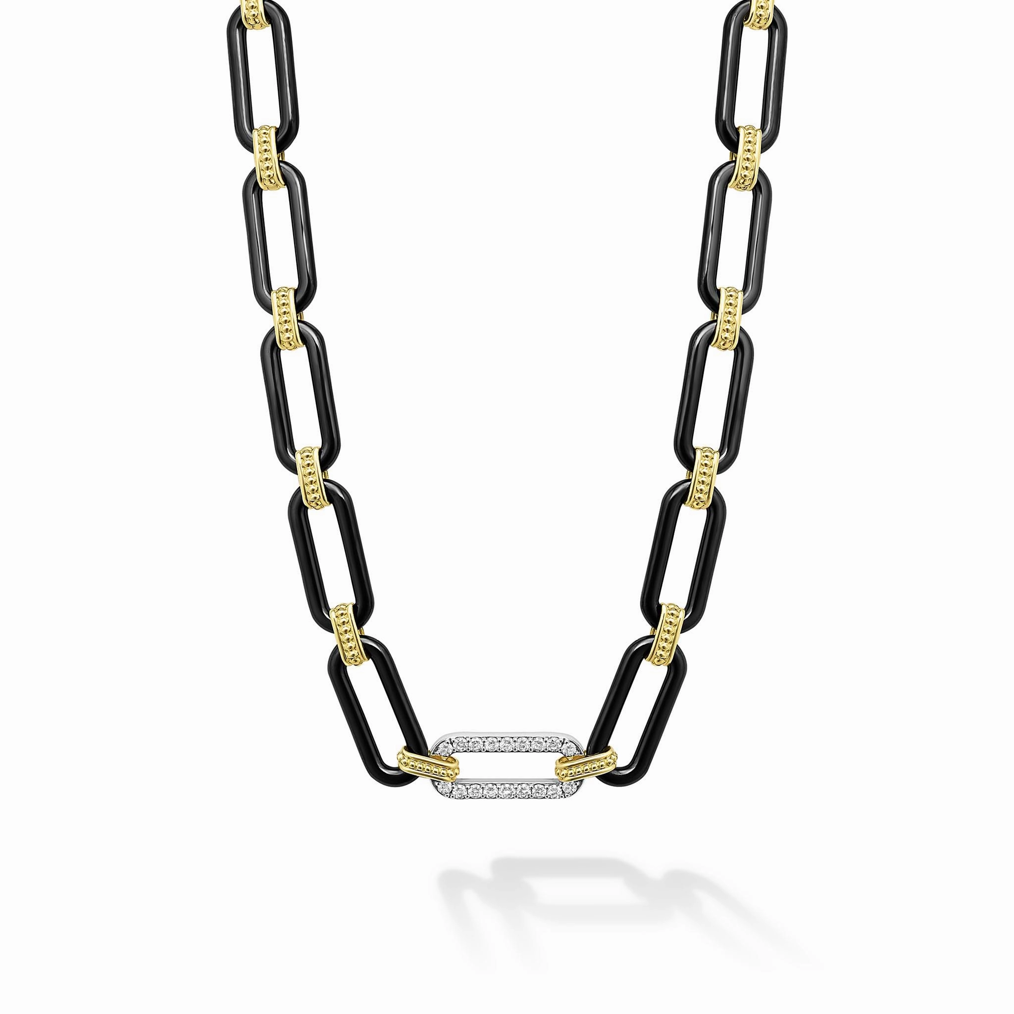 Signature Caviar 18K Gold and Black Ceramic Diamond Station Link Necklace | 9mm