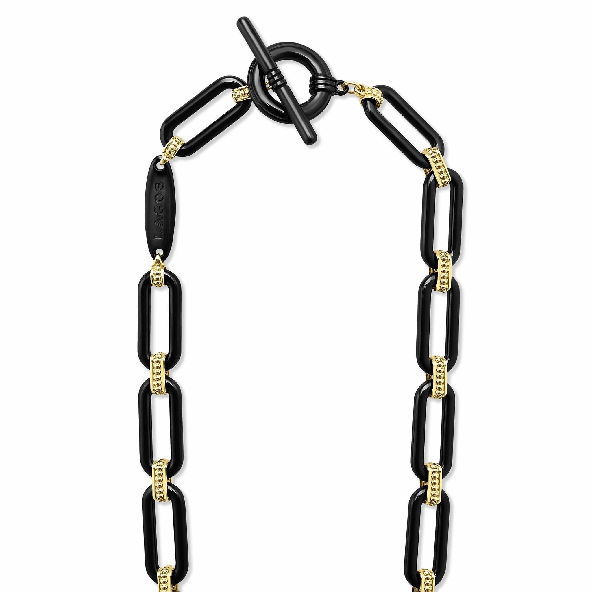 Signature Caviar 18K Gold and Black Ceramic Diamond Station Link Necklace | 9mm