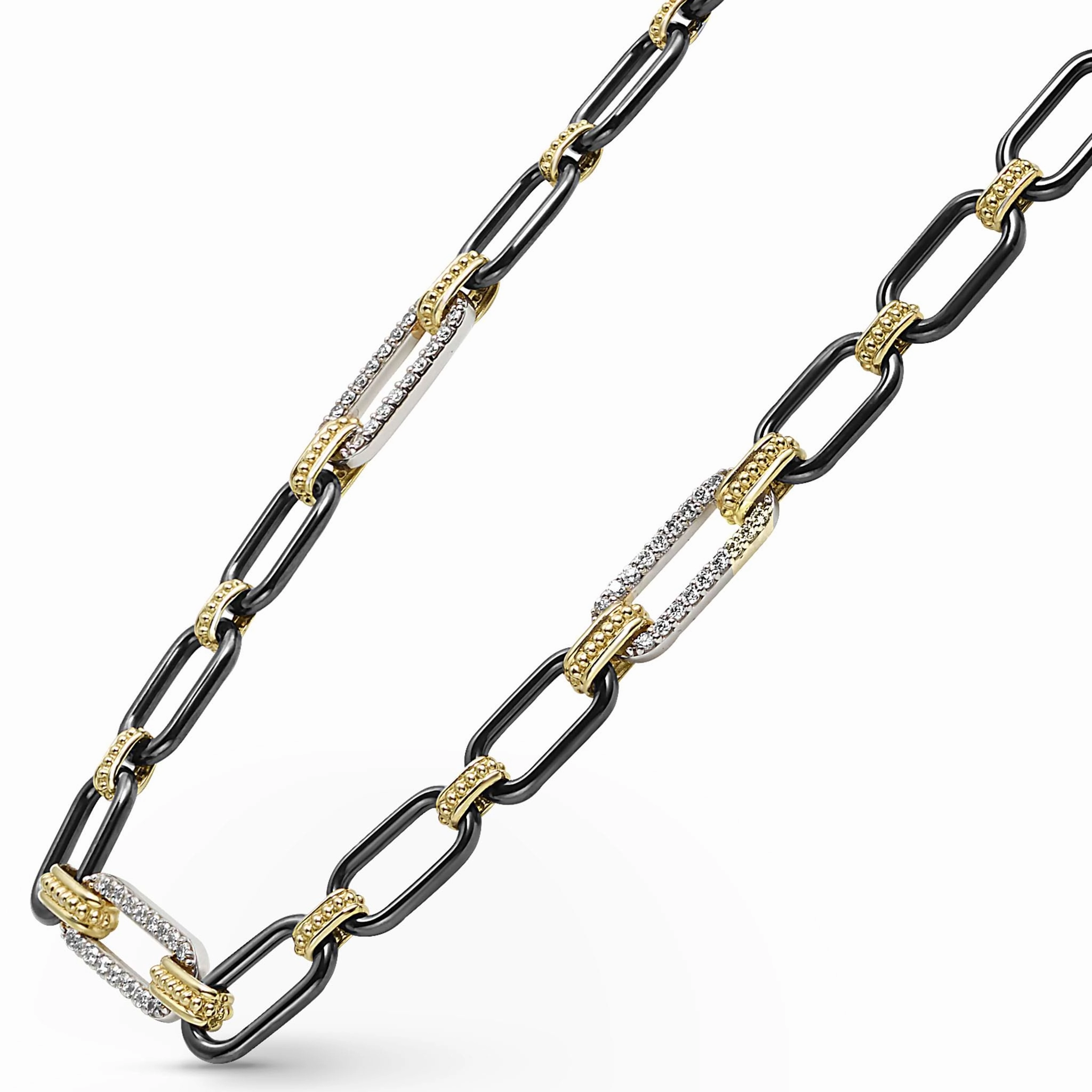 Signature Caviar 18K Gold and Black Ceramic Three Diamond Station Link Necklace | 6mm