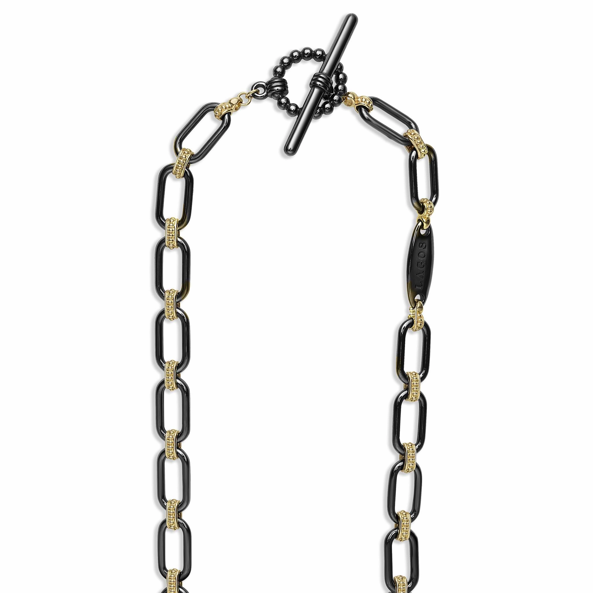 Signature Caviar 18K Gold and Black Ceramic Three Diamond Station Link Necklace | 6mm
