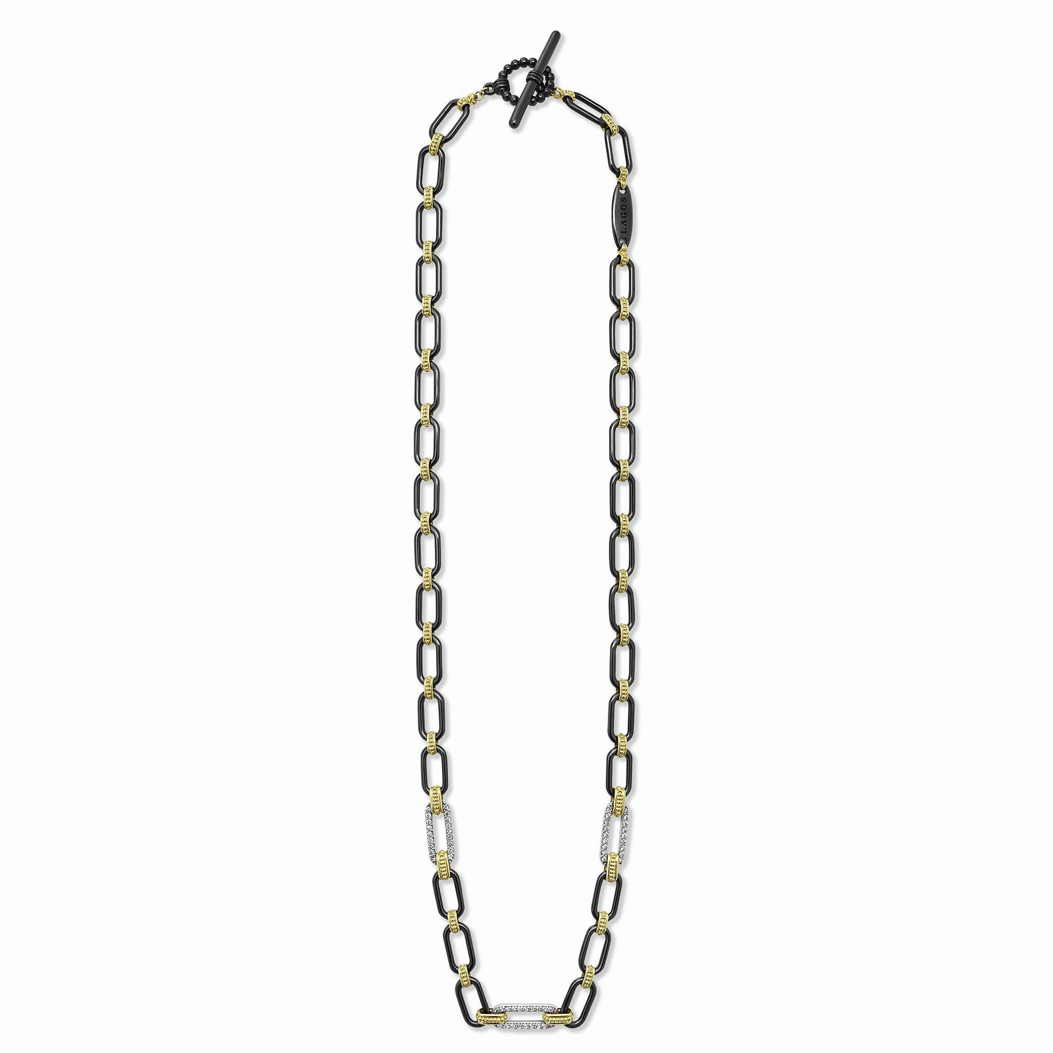 Signature Caviar 18K Gold and Black Ceramic Three Diamond Station Link Necklace | 6mm