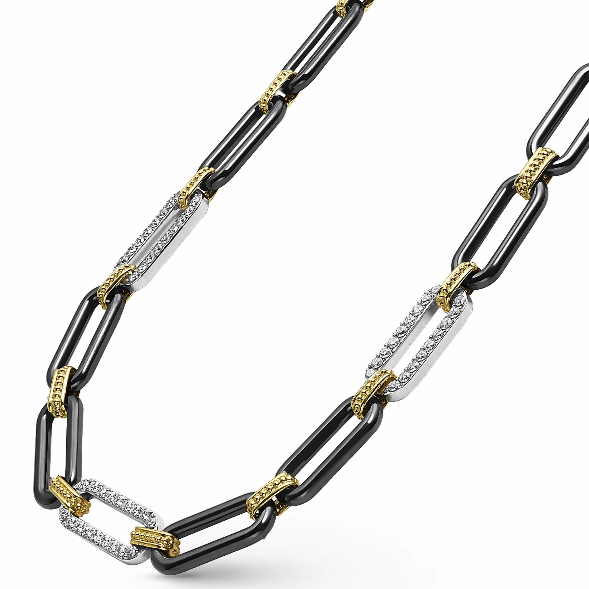 Signature Caviar 18K Gold and Black Ceramic Three Diamond Station Link Necklace | 9mm