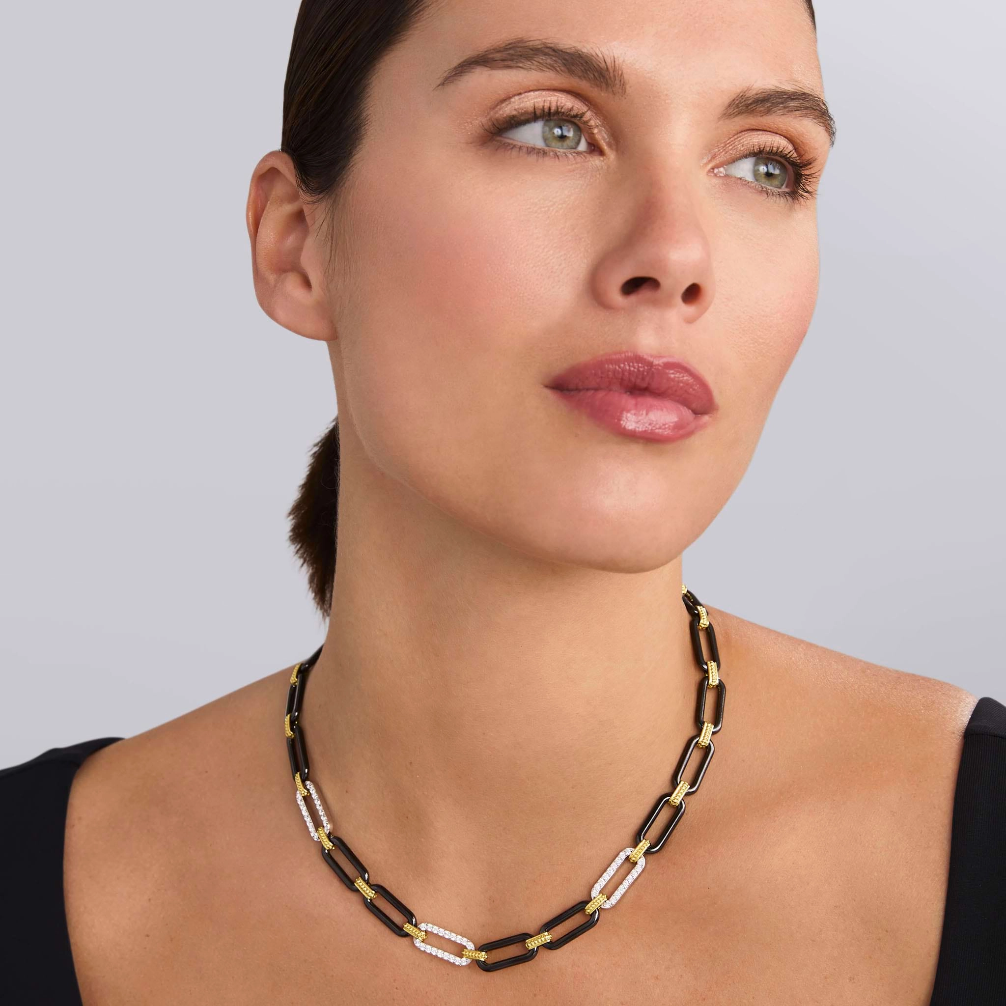 Signature Caviar 18K Gold and Black Ceramic Three Diamond Station Link Necklace | 9mm