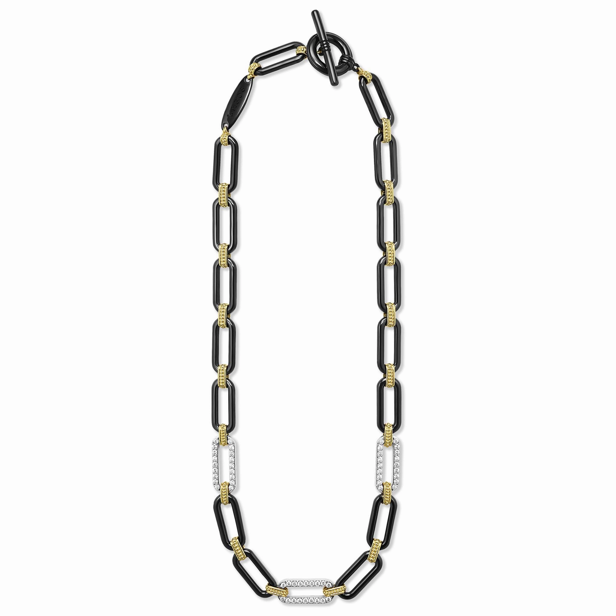 Signature Caviar 18K Gold and Black Ceramic Three Diamond Station Link Necklace | 9mm