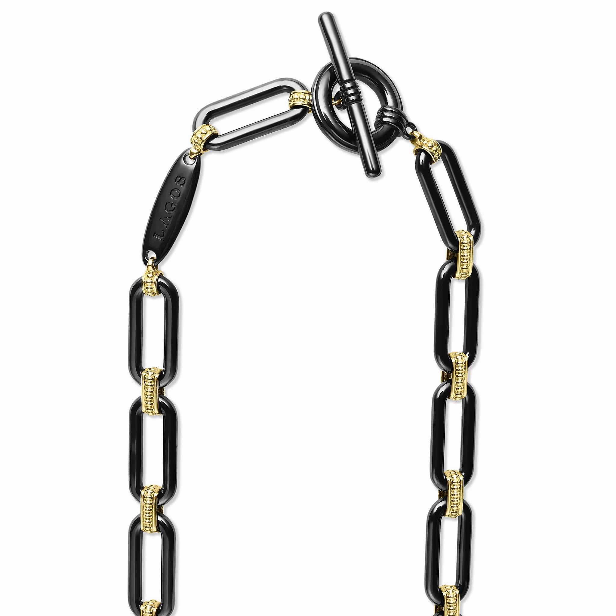 Signature Caviar 18K Gold and Black Ceramic Three Diamond Station Link Necklace | 9mm