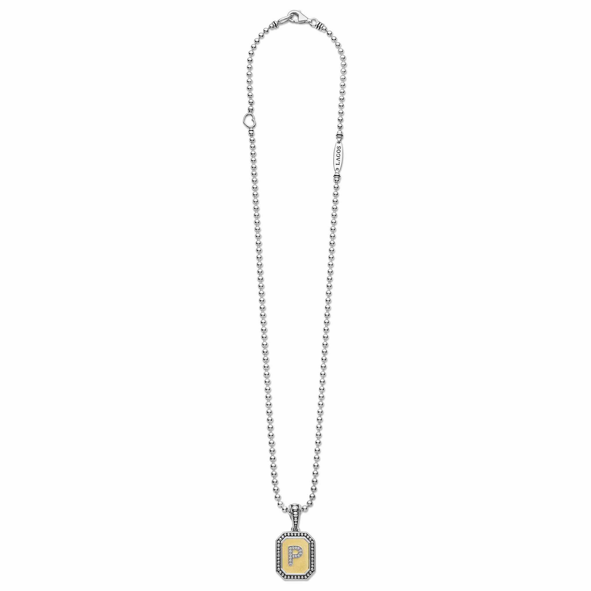Signature Caviar Octagon Diamond P Initial Charm Necklace