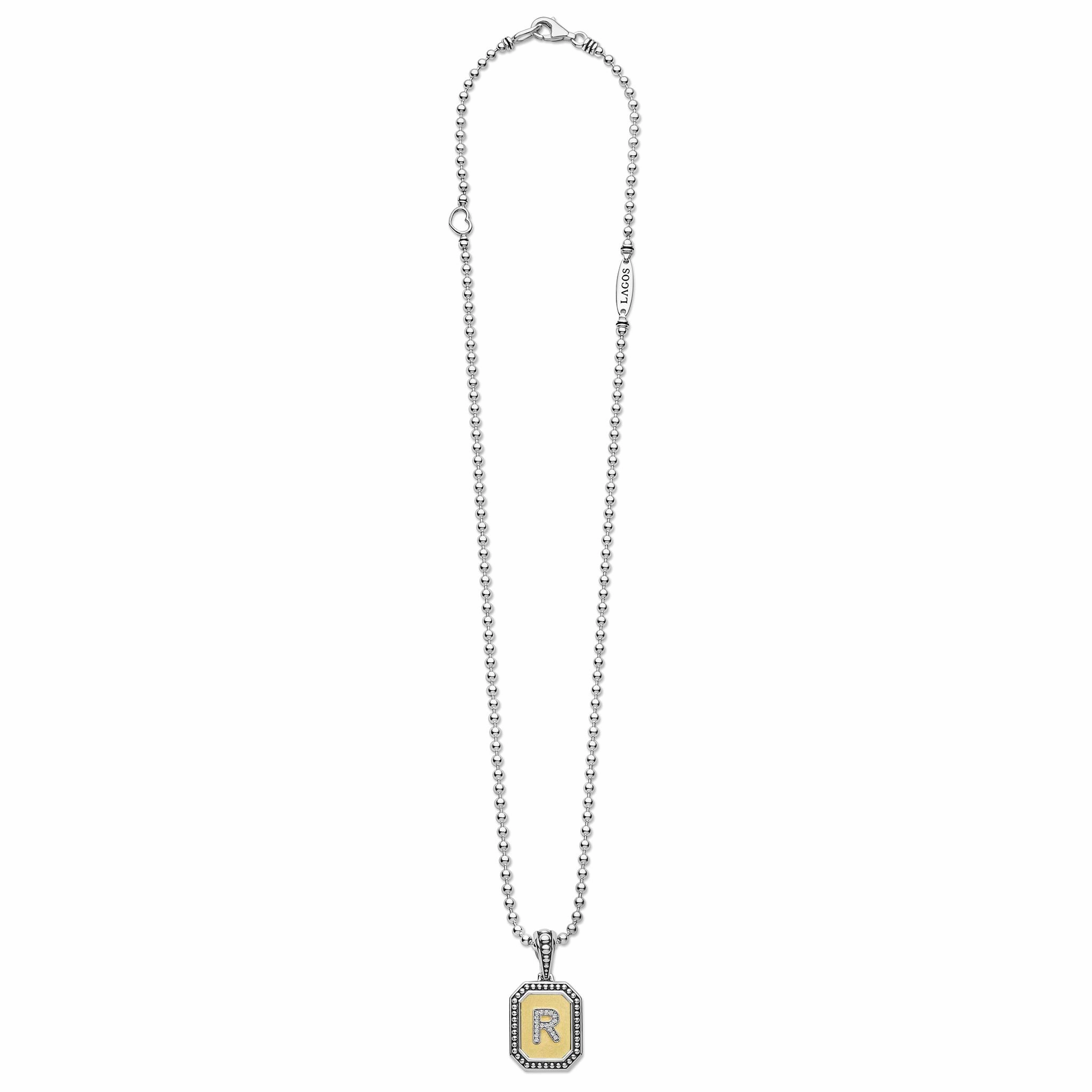 Signature Caviar Octagon Diamond R Initial Charm Necklace