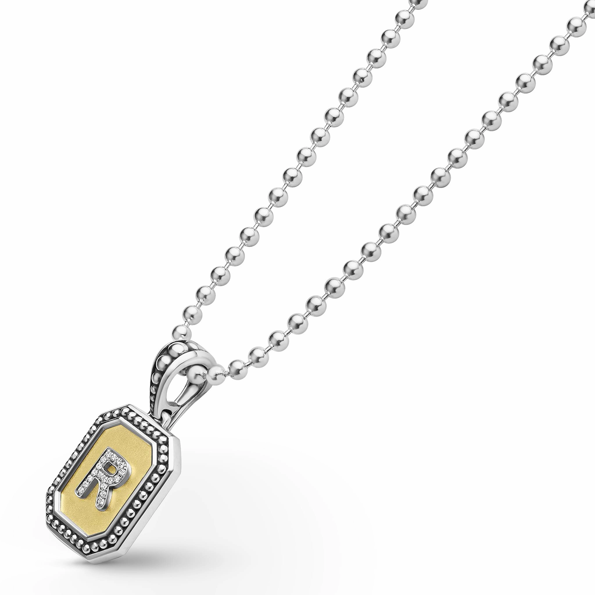 Signature Caviar Octagon Diamond R Initial Charm Necklace
