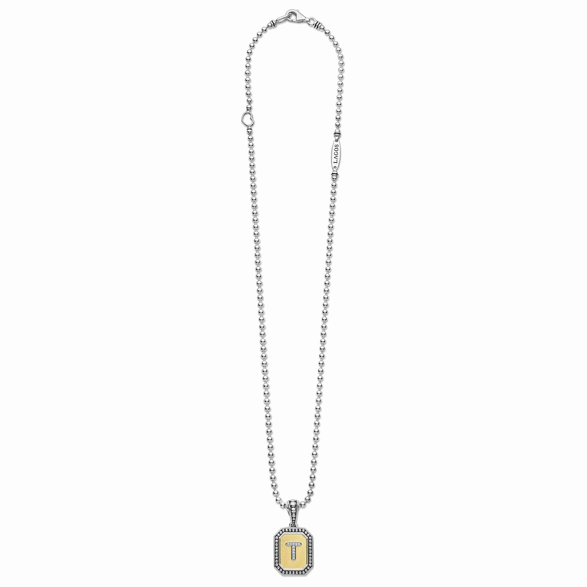 Signature Caviar Octagon Diamond T Initial Charm Necklace