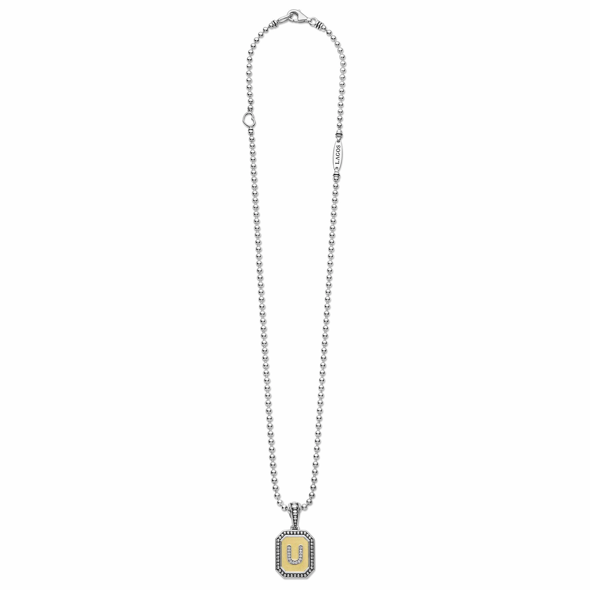 Signature Caviar Octagon Diamond U Initial Charm Necklace