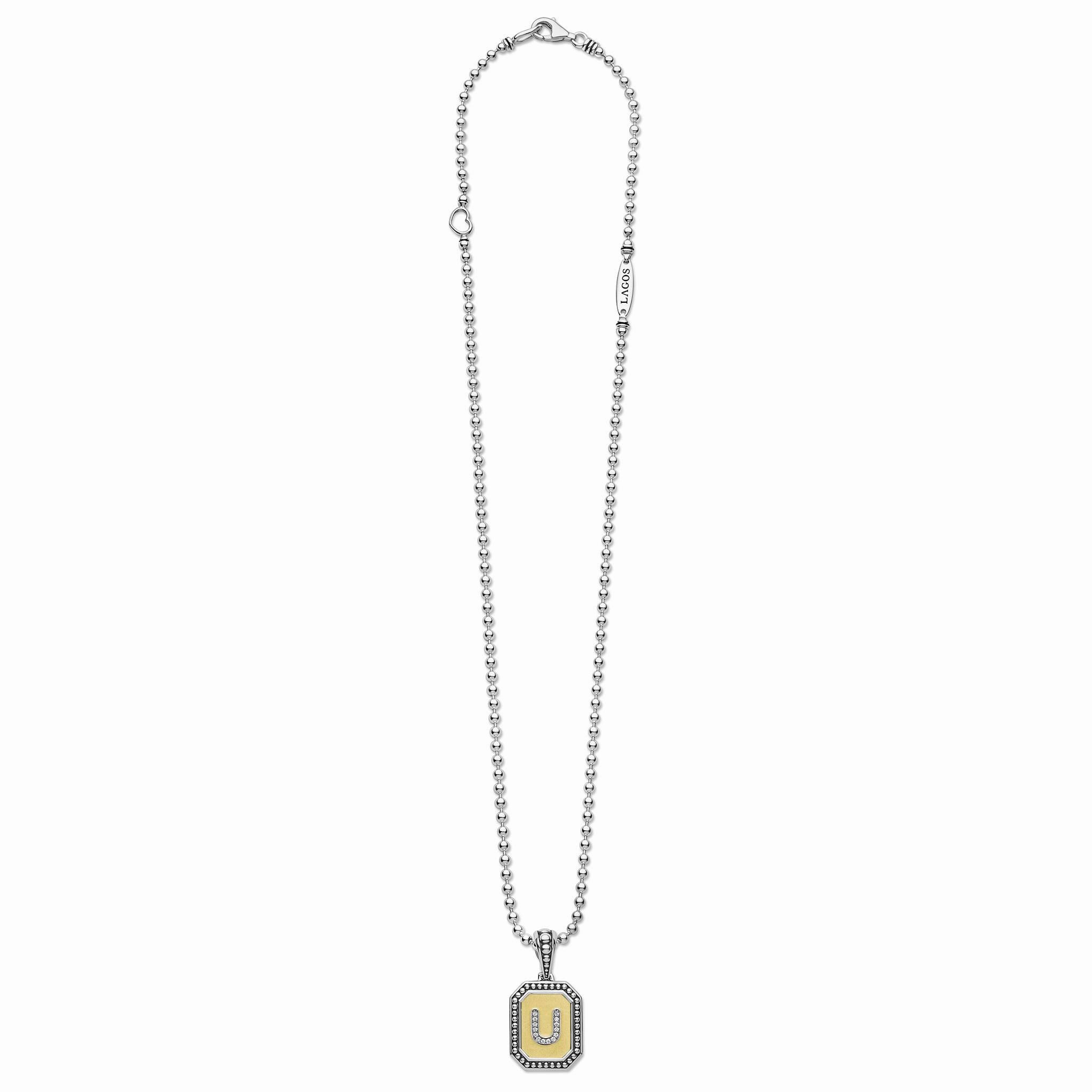 Signature Caviar Octagon Diamond U Initial Charm Necklace