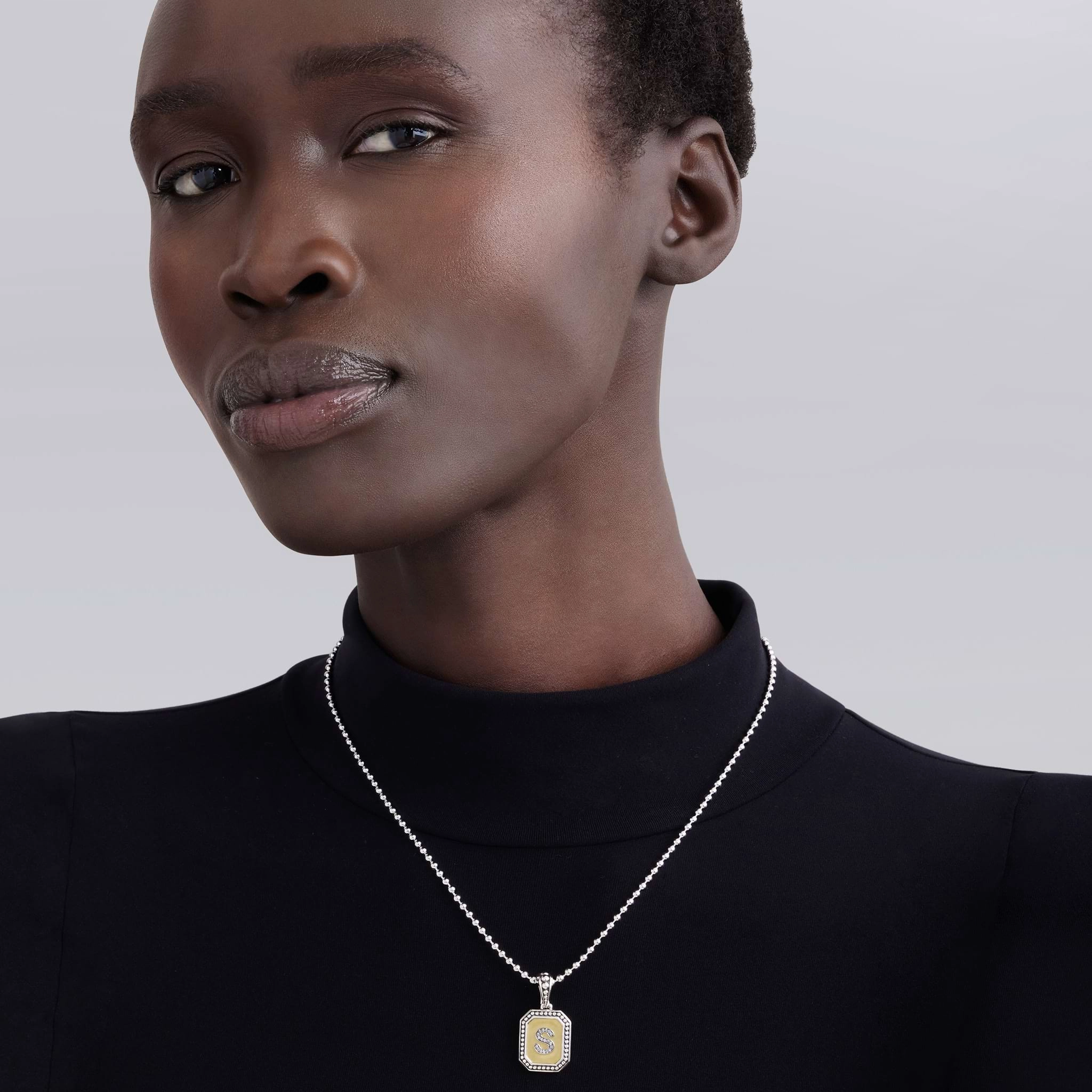 Signature Caviar Octagon Diamond W Initial Charm Necklace