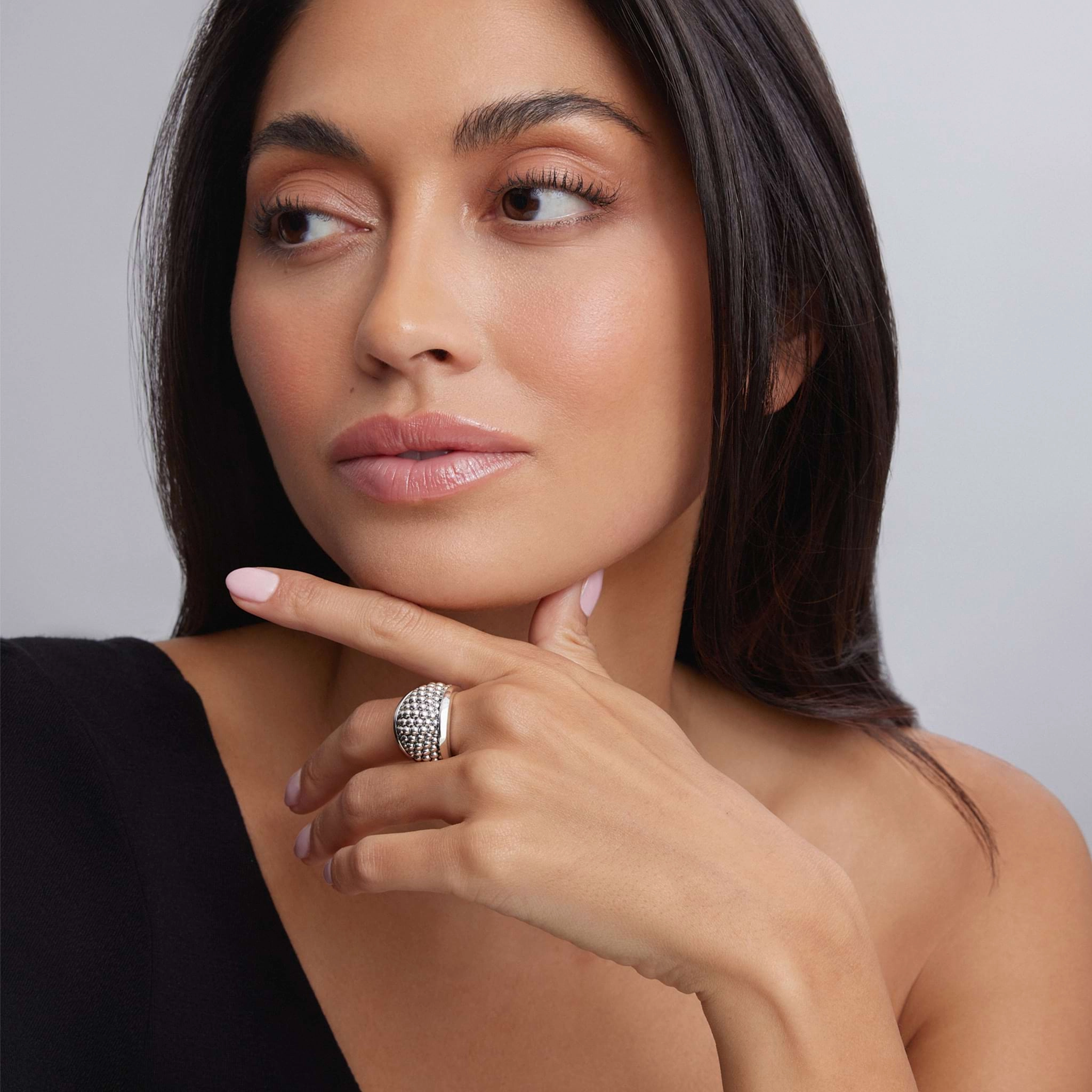 Signature Caviar Silver Beaded Statement Ring