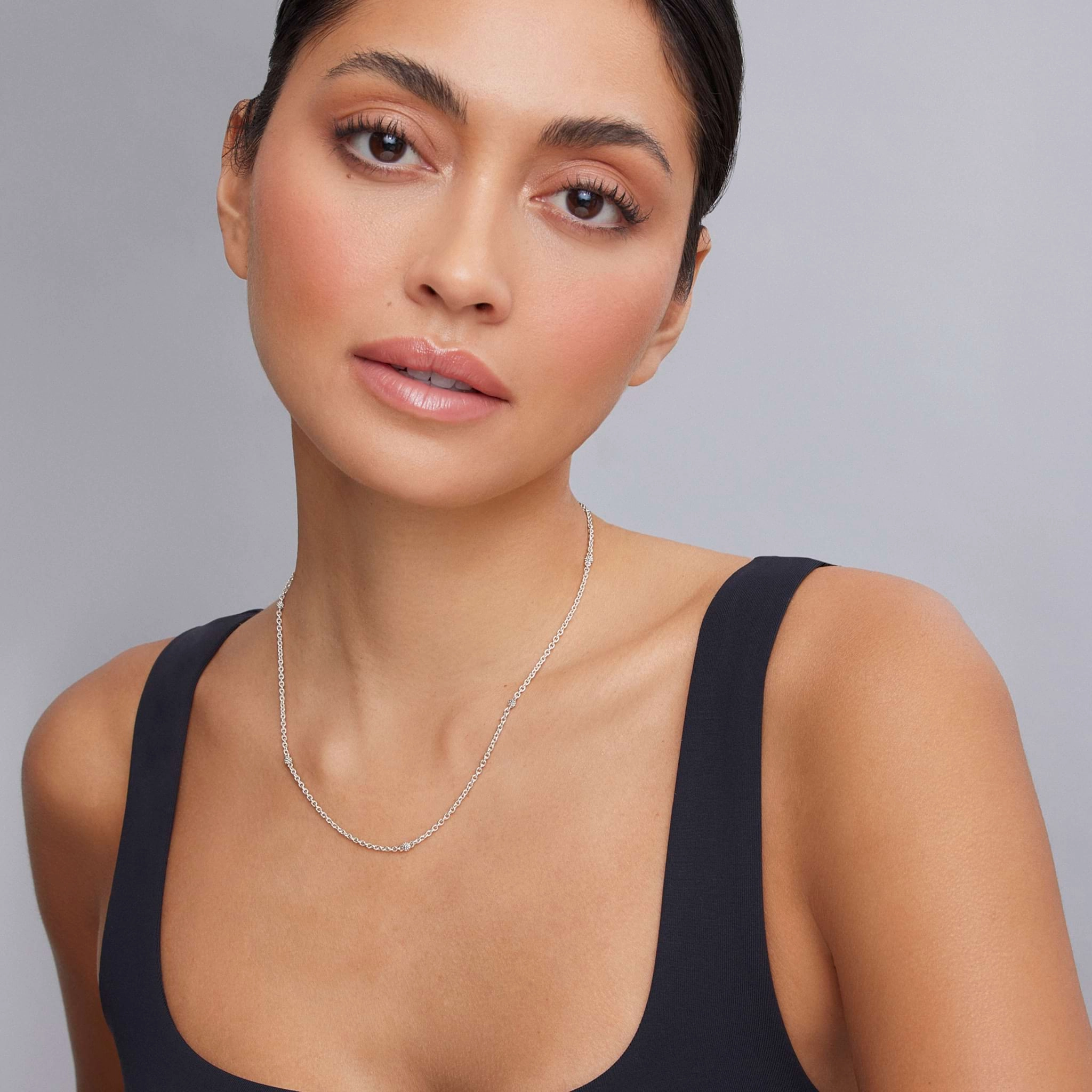 Signature Caviar Silver Beaded Station Necklace