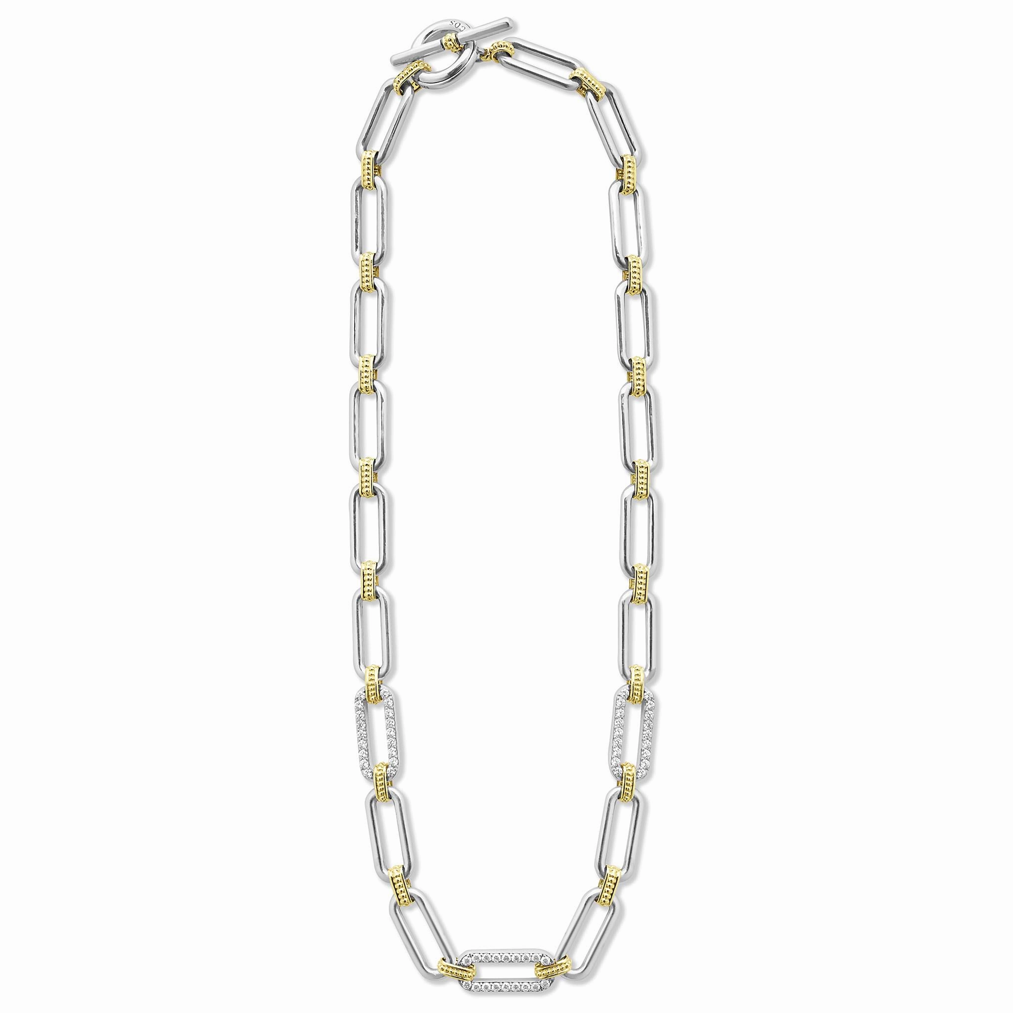 Signature Caviar Two-Tone Link Three Station Diamond Necklace