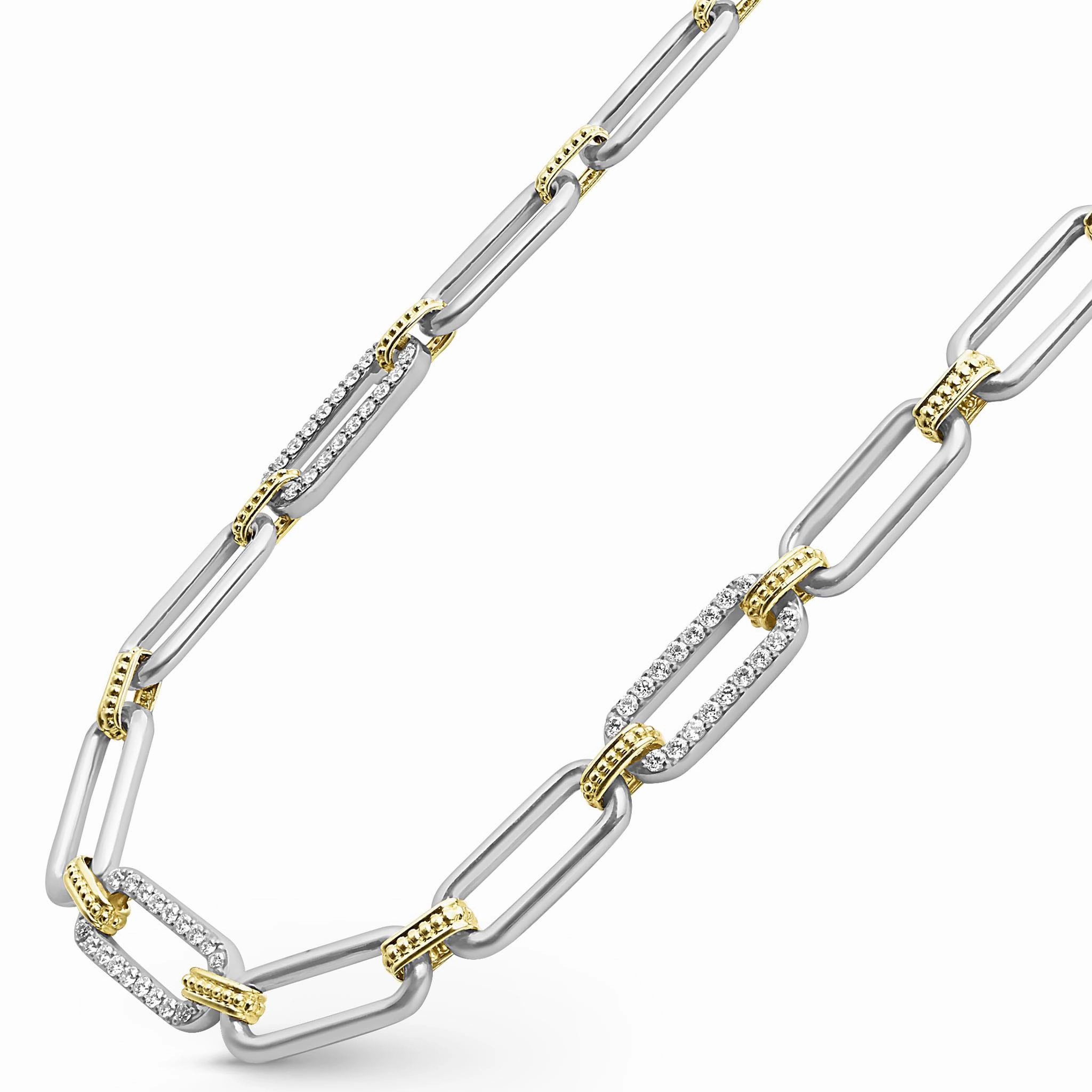 Signature Caviar Two-Tone Link Three Station Diamond Necklace