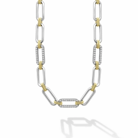 Signature Caviar Two-Tone Link Three Station Diamond Necklace